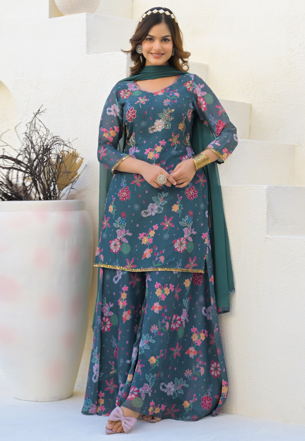Teal Georgette Readymade Pakistani Suit 310345