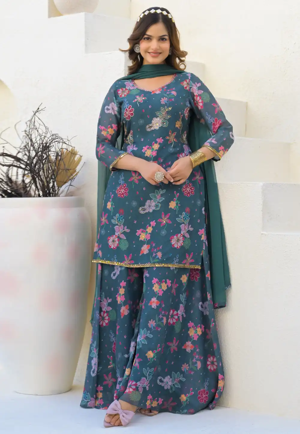 Teal Georgette Readymade Pakistani Suit 310345