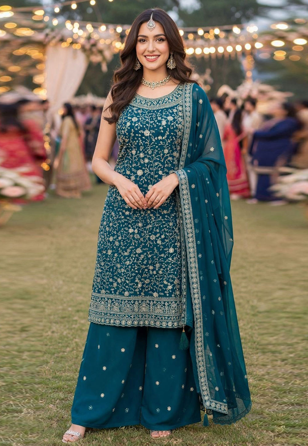 Teal Georgette Readymade Palazzo Suit 326965