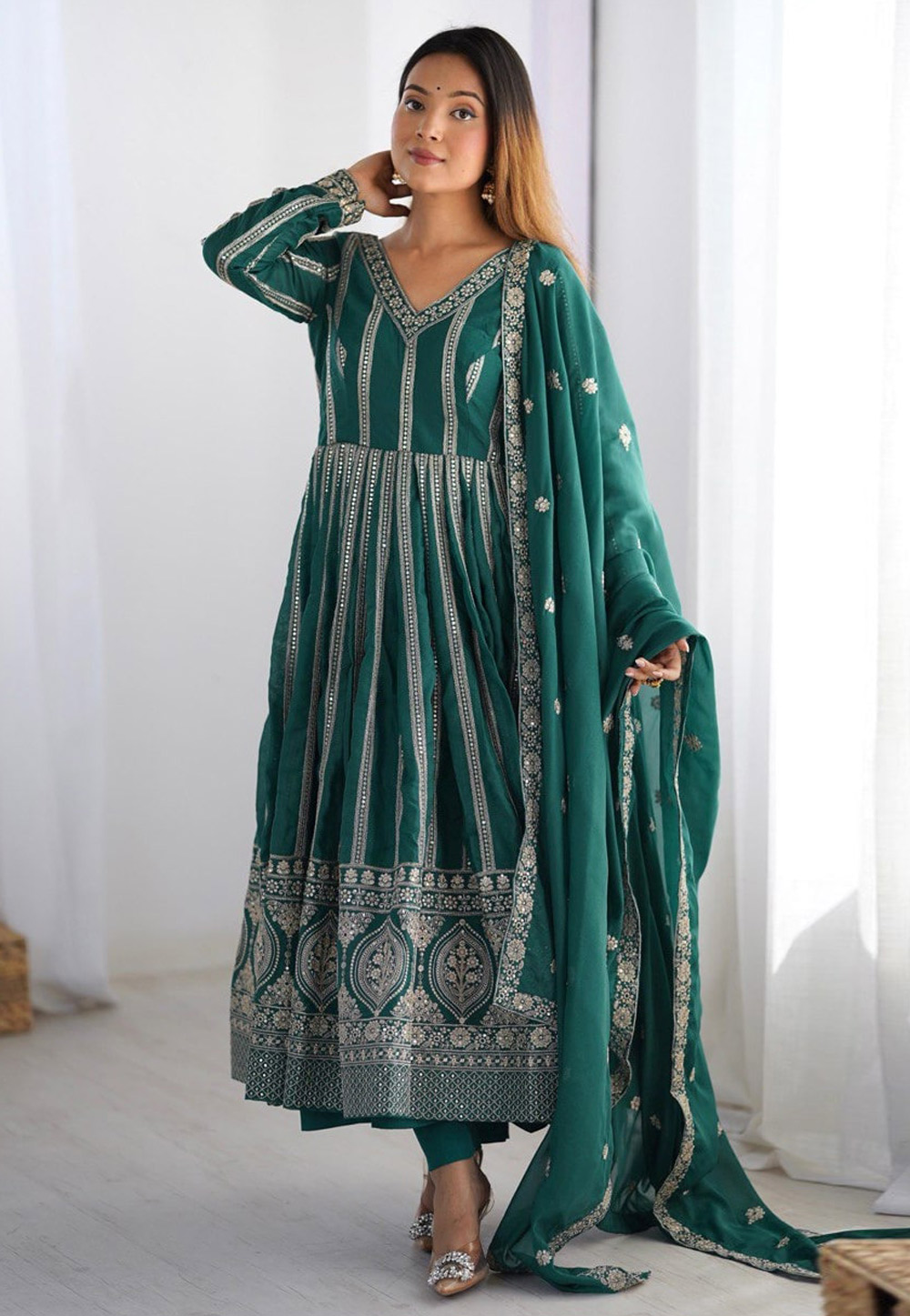 Teal Georgette Readymade Pant Style Suit 310768
