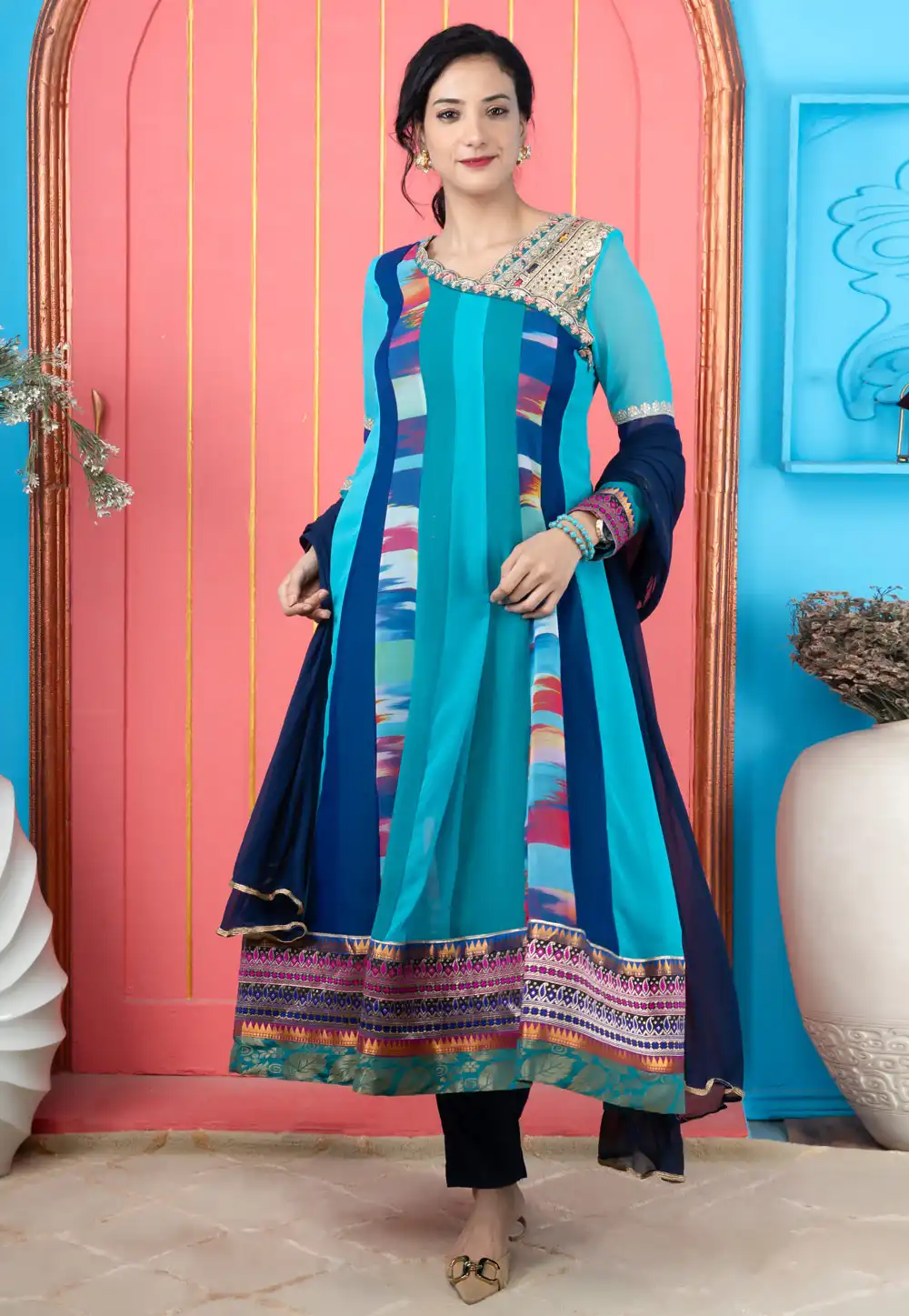 Teal Georgette Readymade Pant Style Suit 316653
