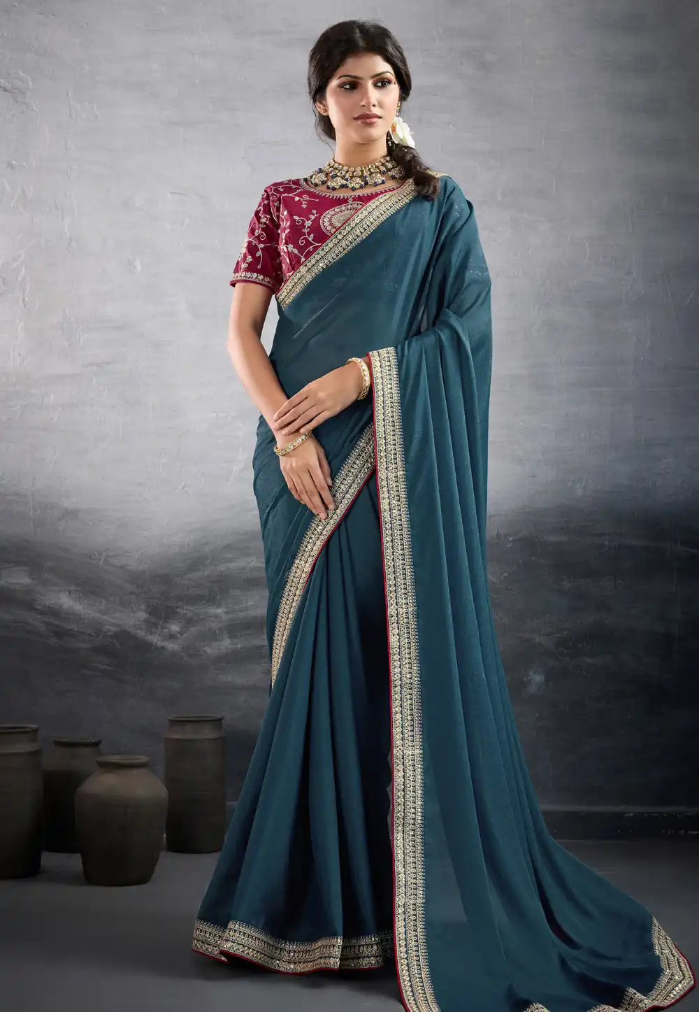 Teal Georgette Saree With Blouse 318203