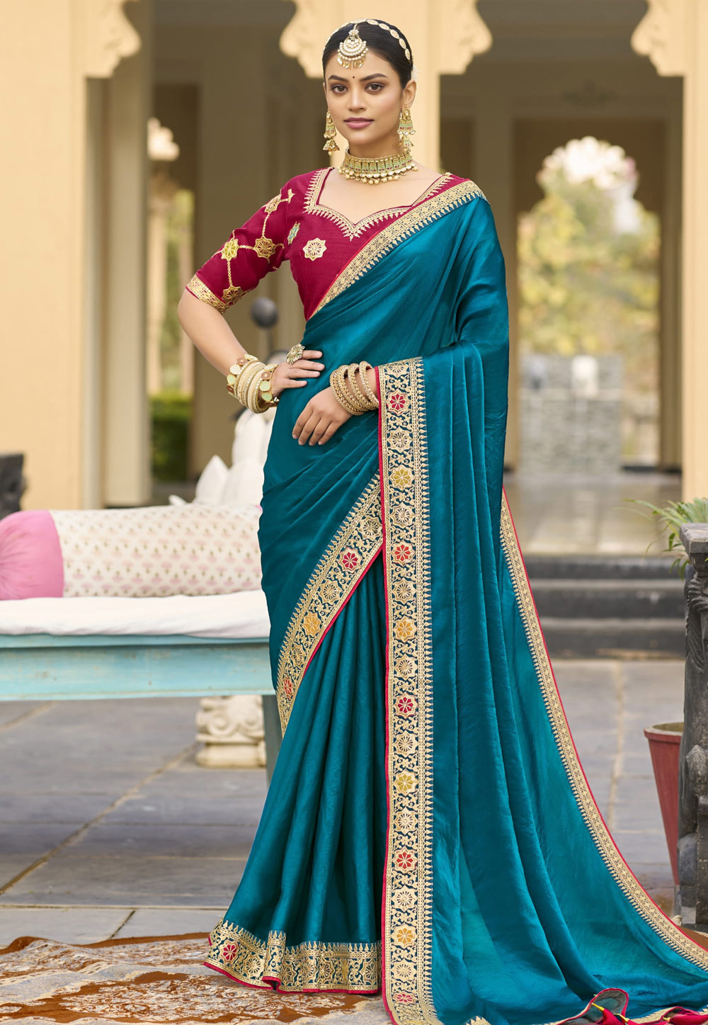 Teal Georgette Saree With Blouse 308379