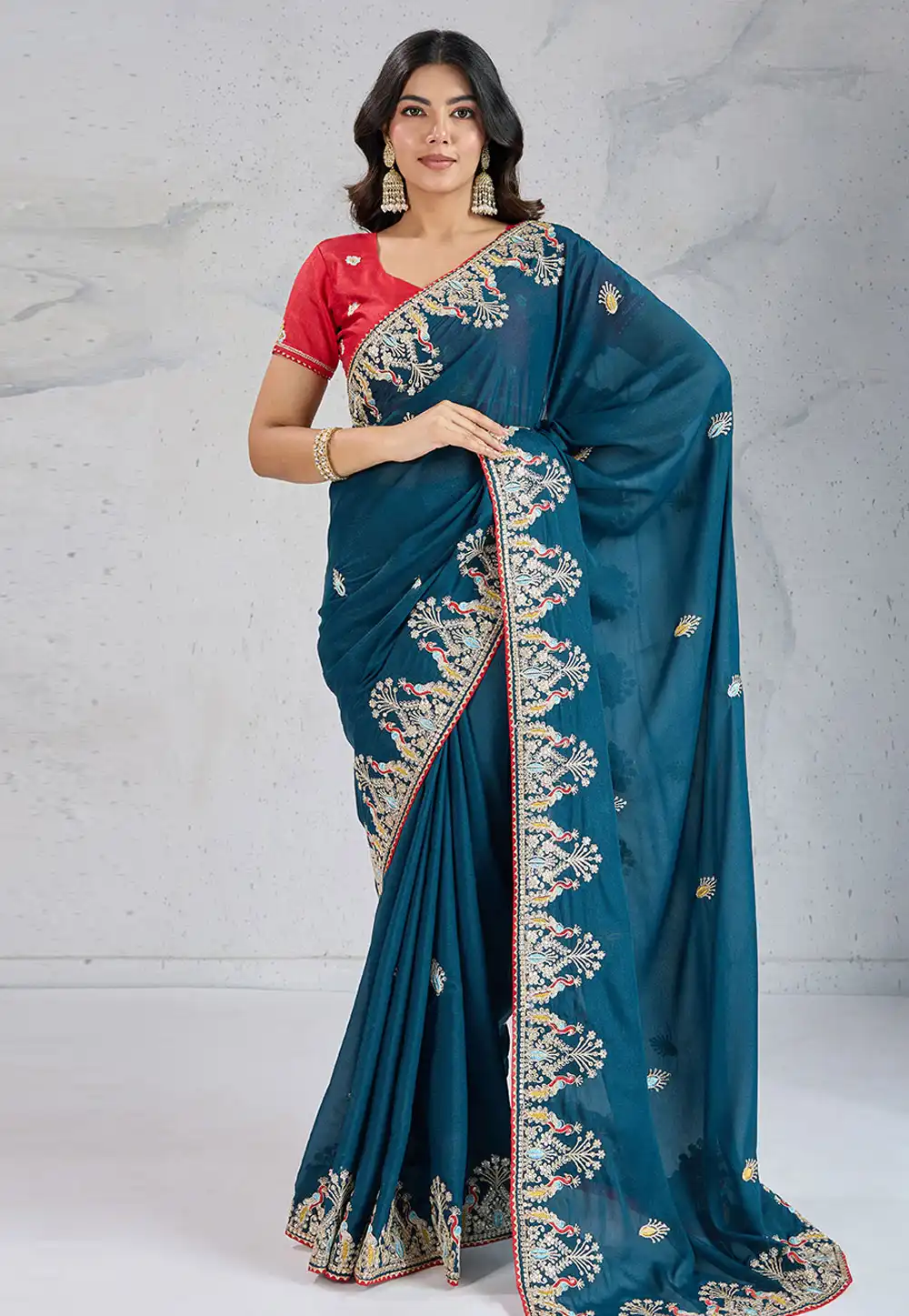 Teal Georgette Saree With Blouse 314710