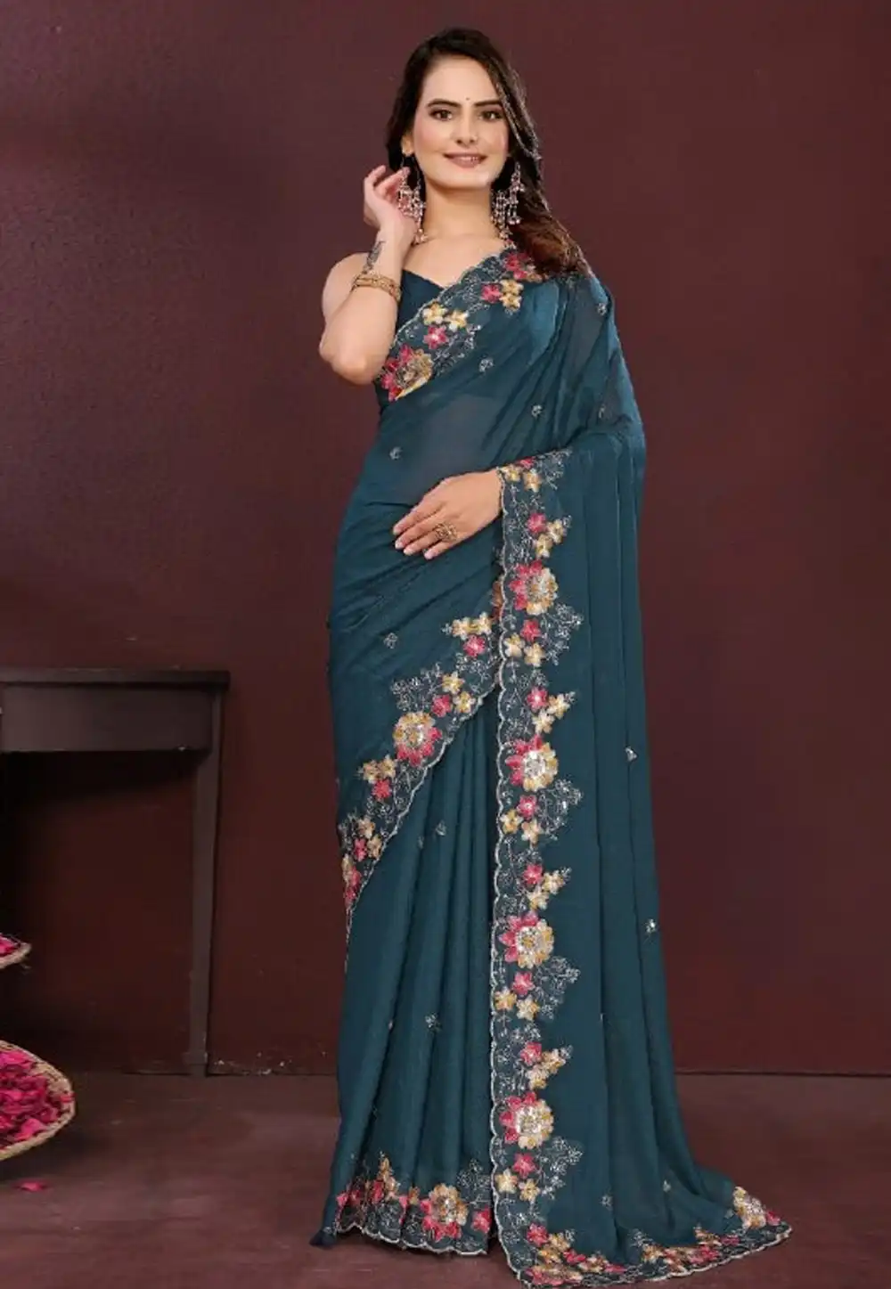 Teal Georgette Saree With Blouse 316394