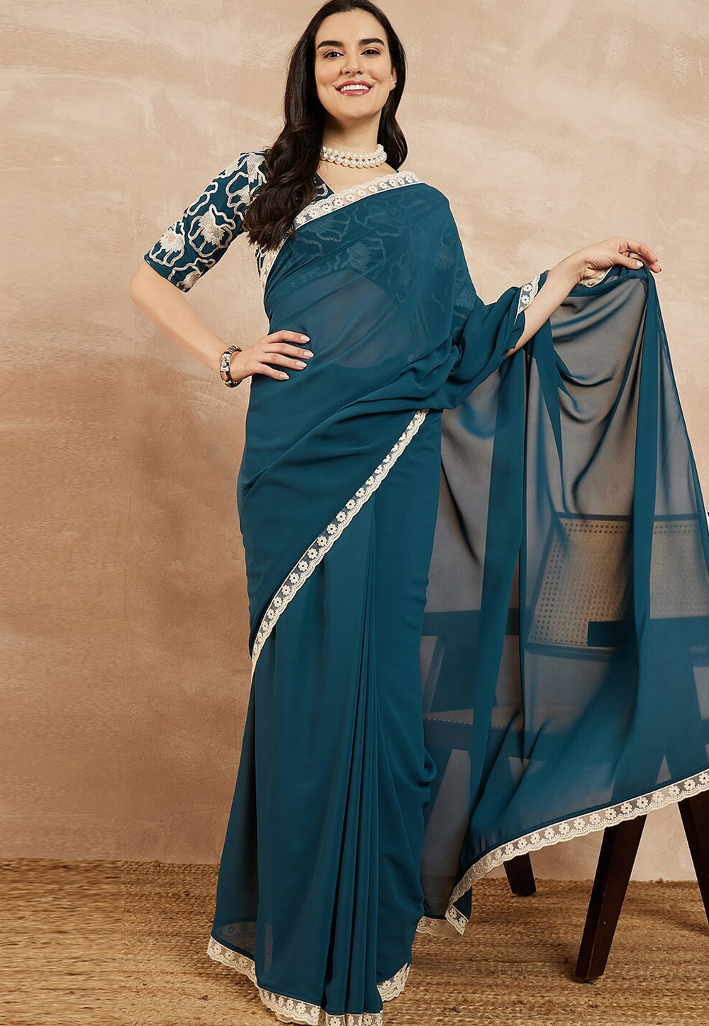 Teal Georgette Saree With Blouse 328152