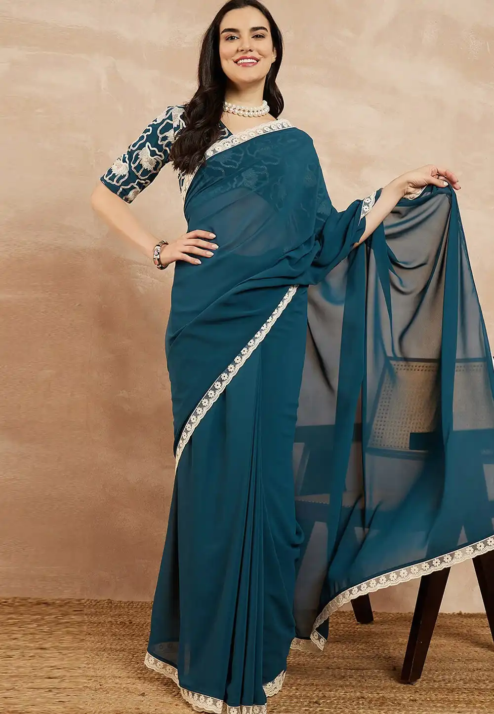 Teal Georgette Saree With Blouse 328152