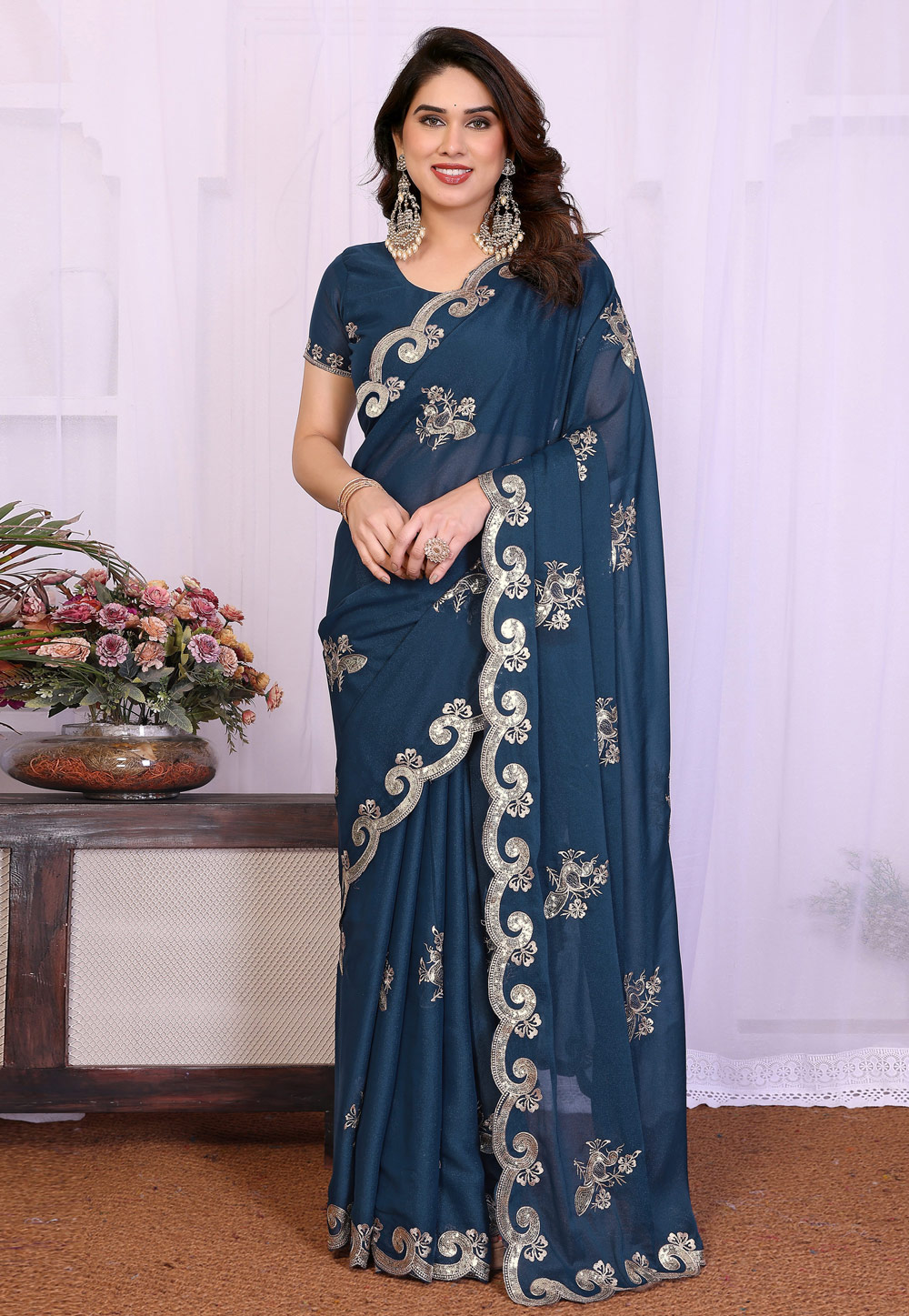 Teal Georgette Saree With Blouse 329564