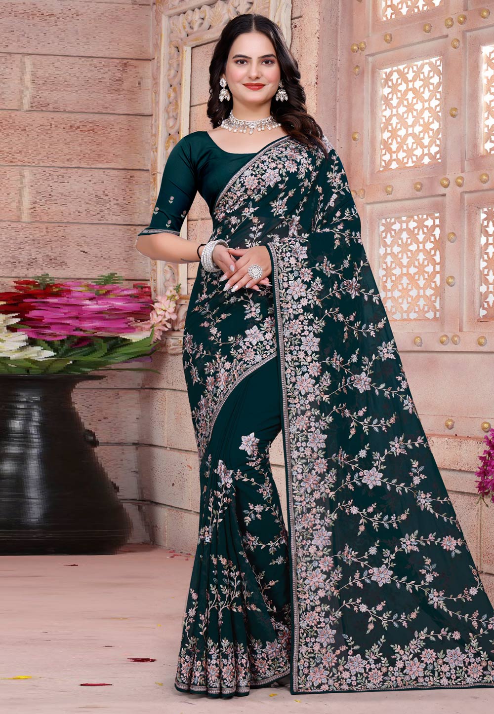 Teal Georgette Saree With Blouse 307770