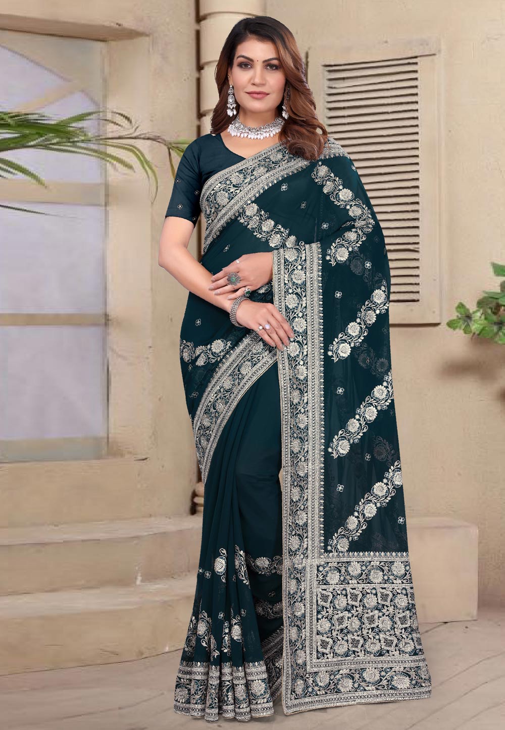 Teal Georgette Saree With Blouse 307778