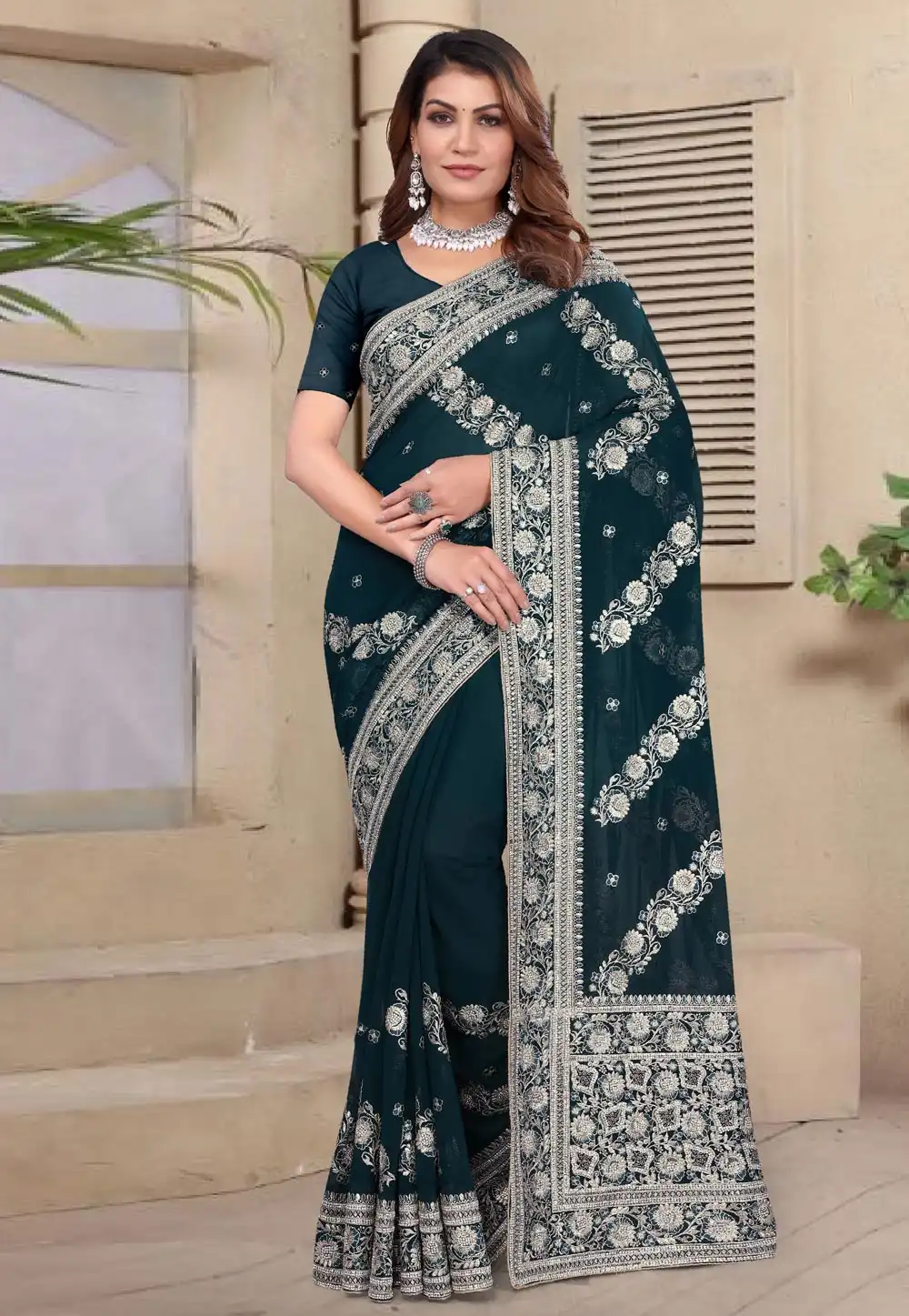 Teal Georgette Saree With Blouse 307778