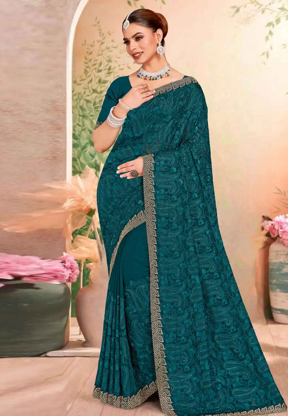 Teal Georgette Saree With Blouse 317583