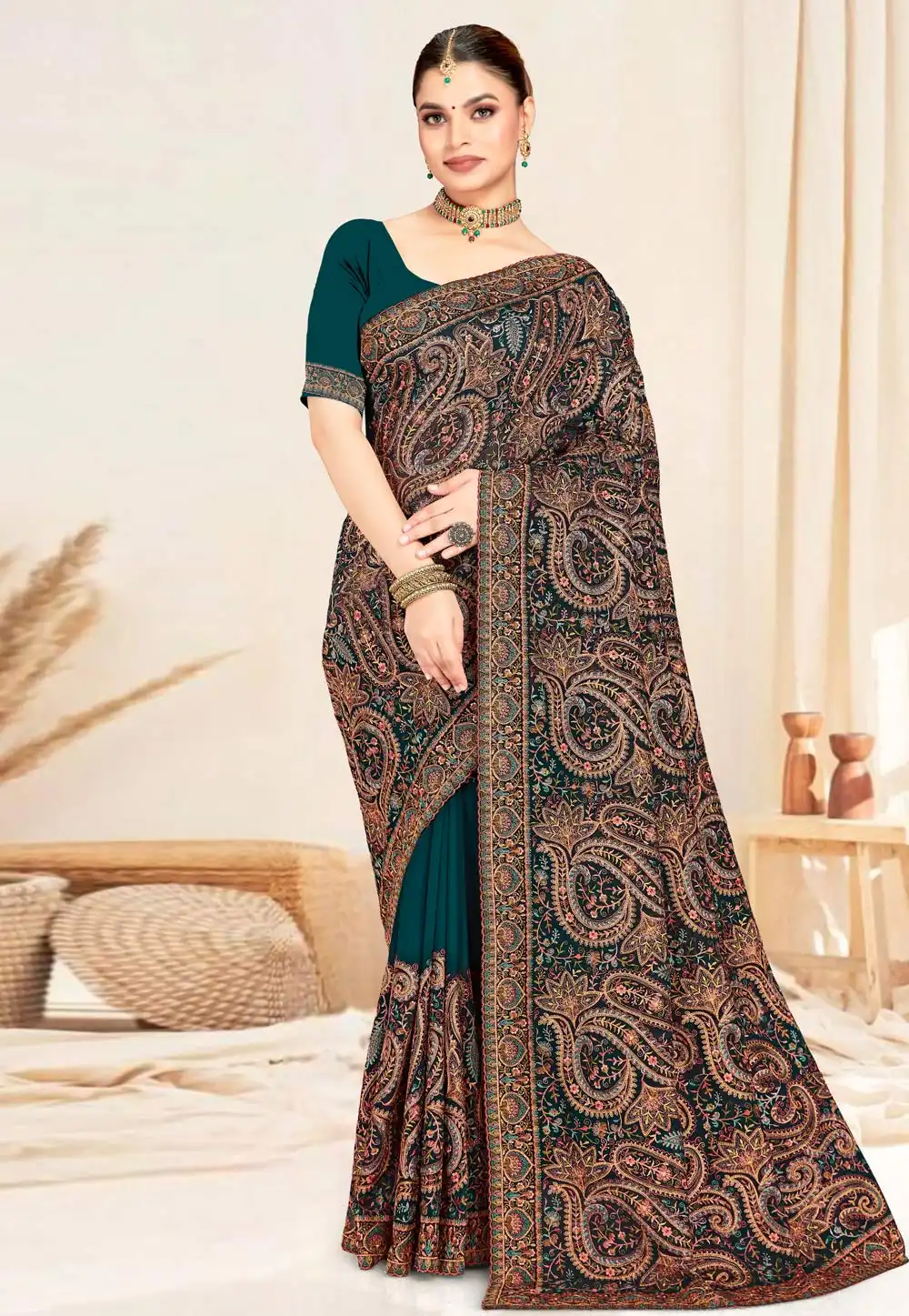 Teal Georgette Saree With Blouse 317735