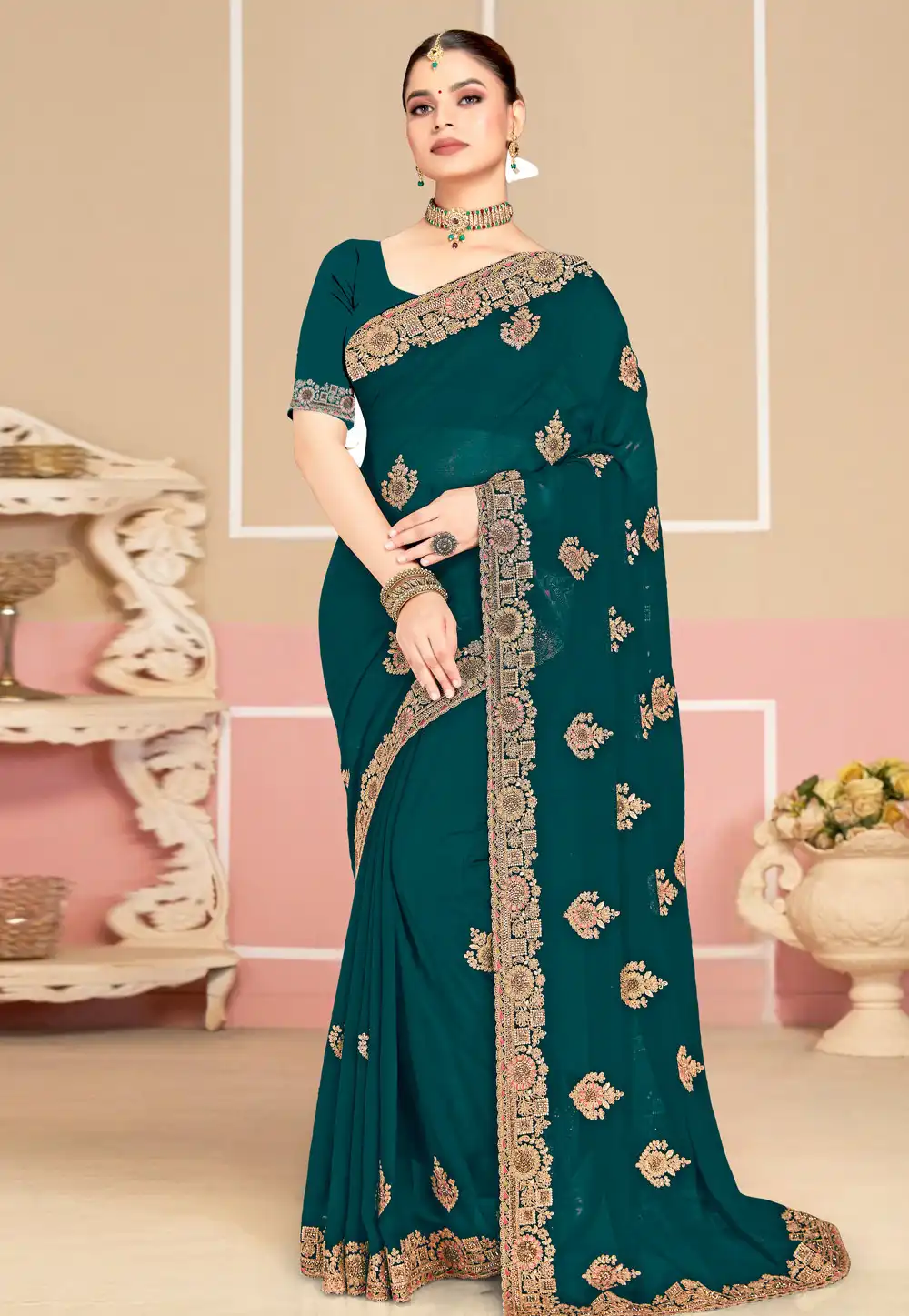 Teal Georgette Saree With Blouse 318038