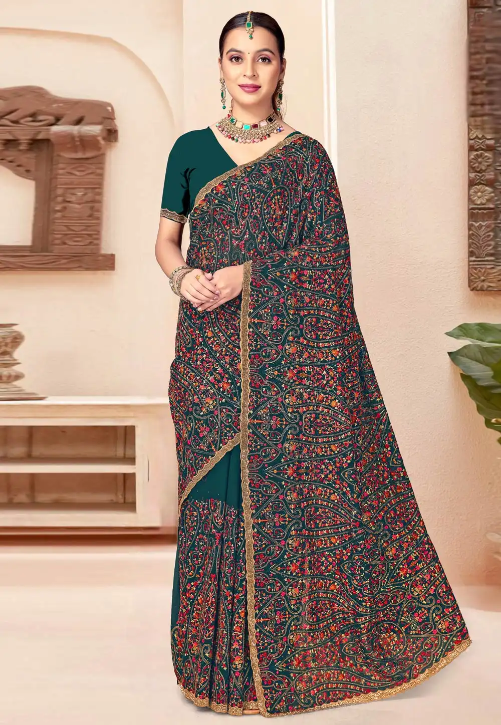 Teal Georgette Saree With Blouse 319489