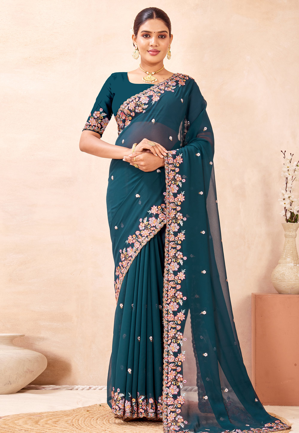 Teal Georgette Saree With Blouse 320016