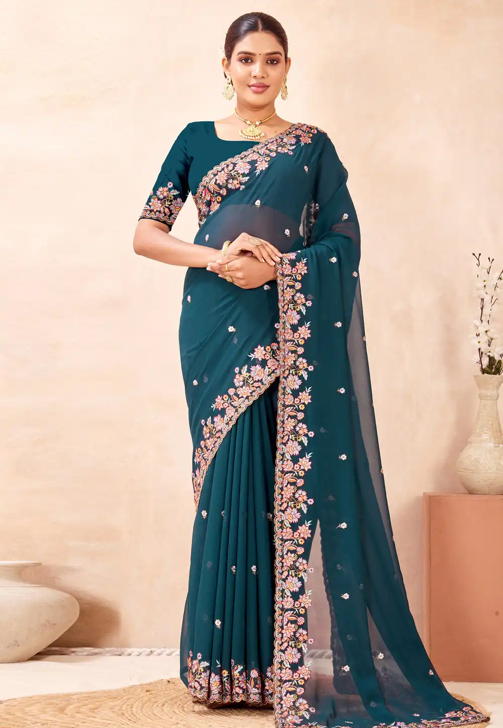 Teal Georgette Saree With Blouse 320016
