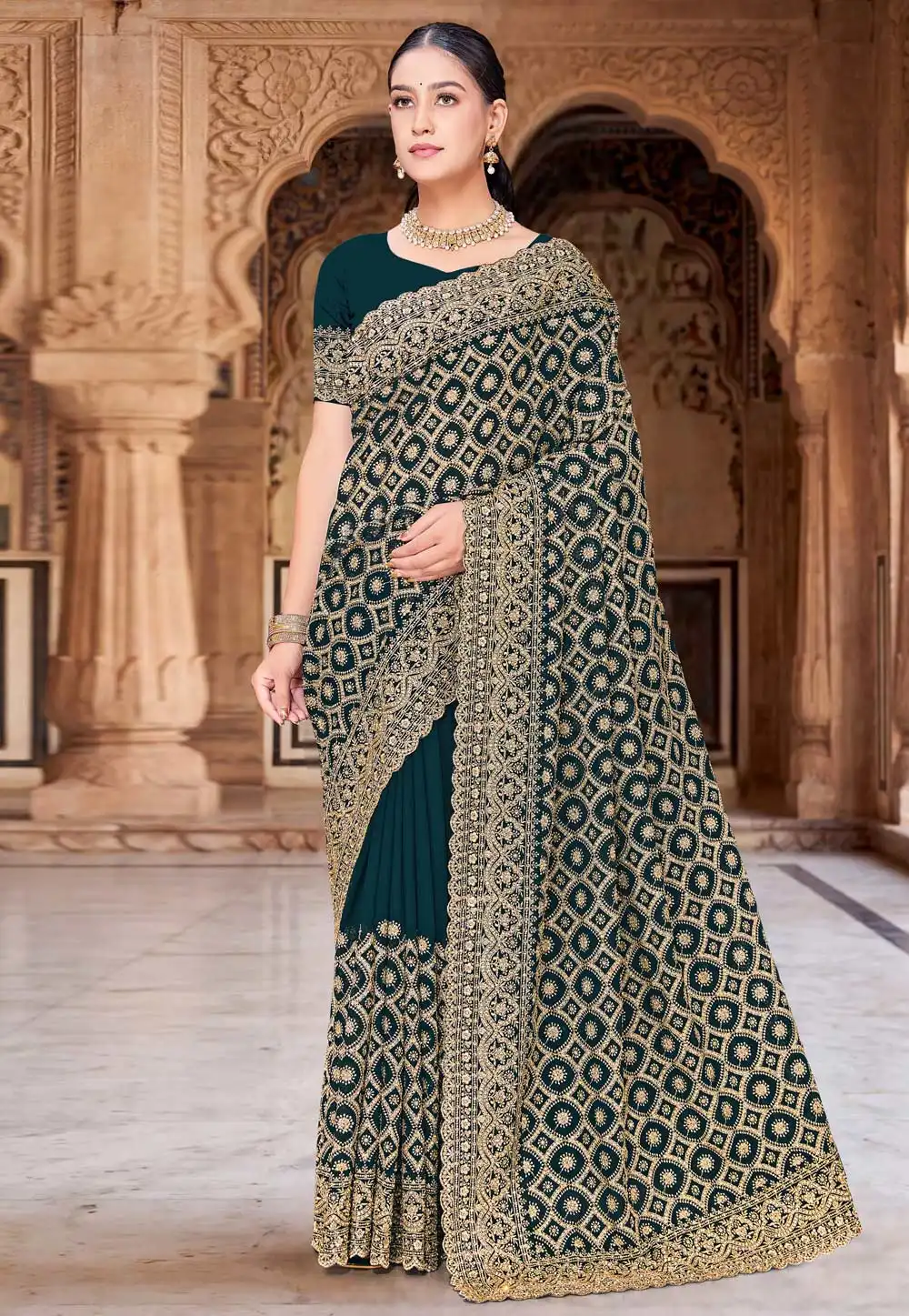 Teal Georgette Saree With Blouse 330013