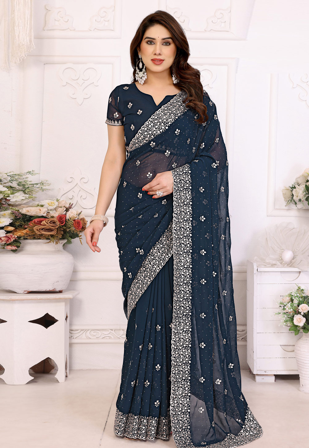 Teal Georgette Saree With Blouse 308756