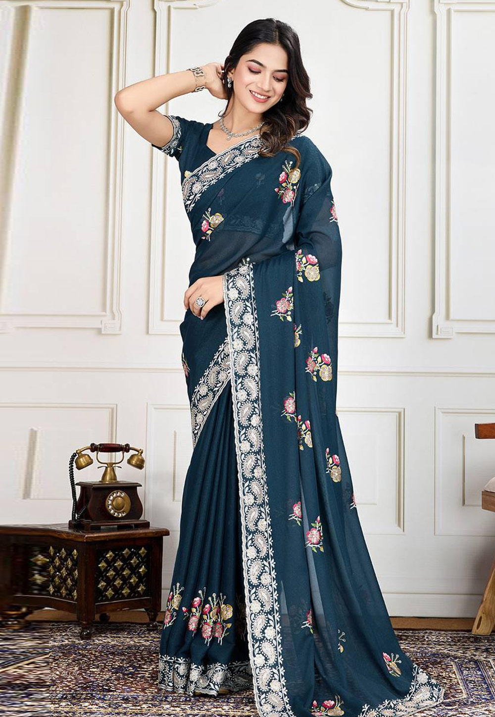 Teal Georgette Saree With Blouse 306513