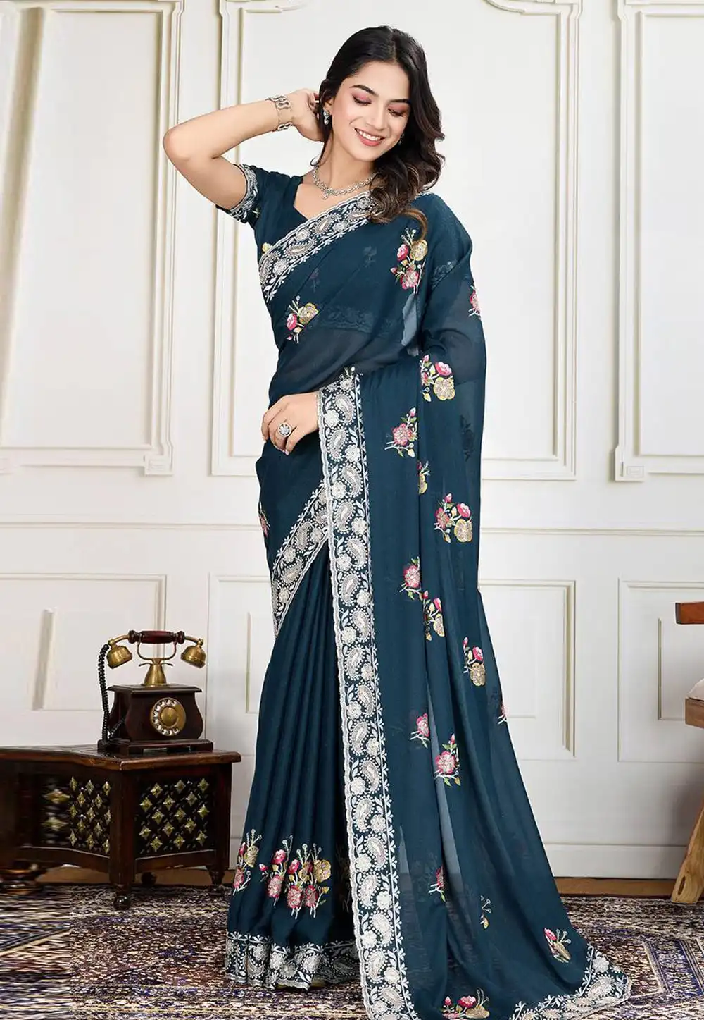 Teal Georgette Saree With Blouse 306513