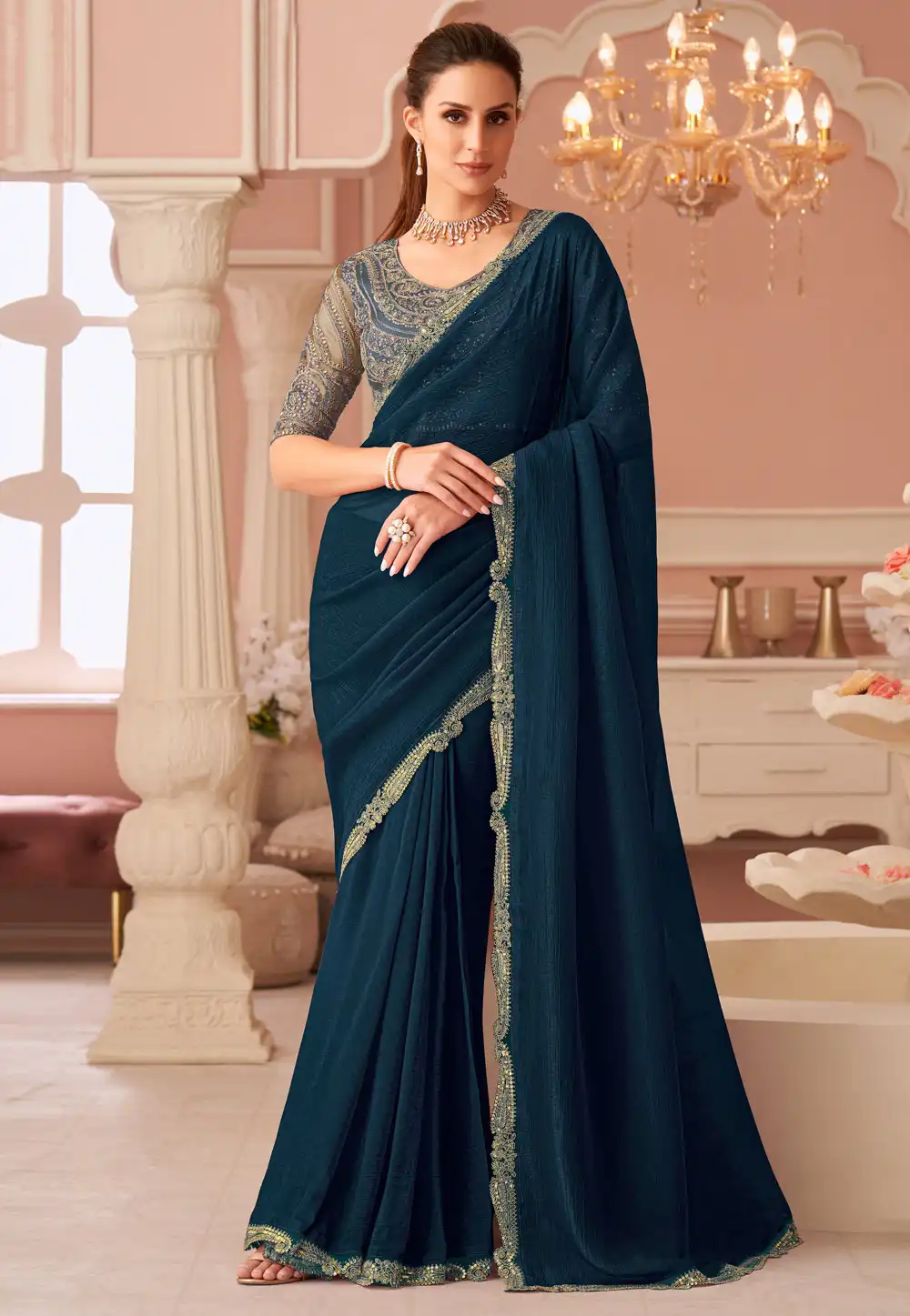 Teal Georgette Saree With Blouse 317038