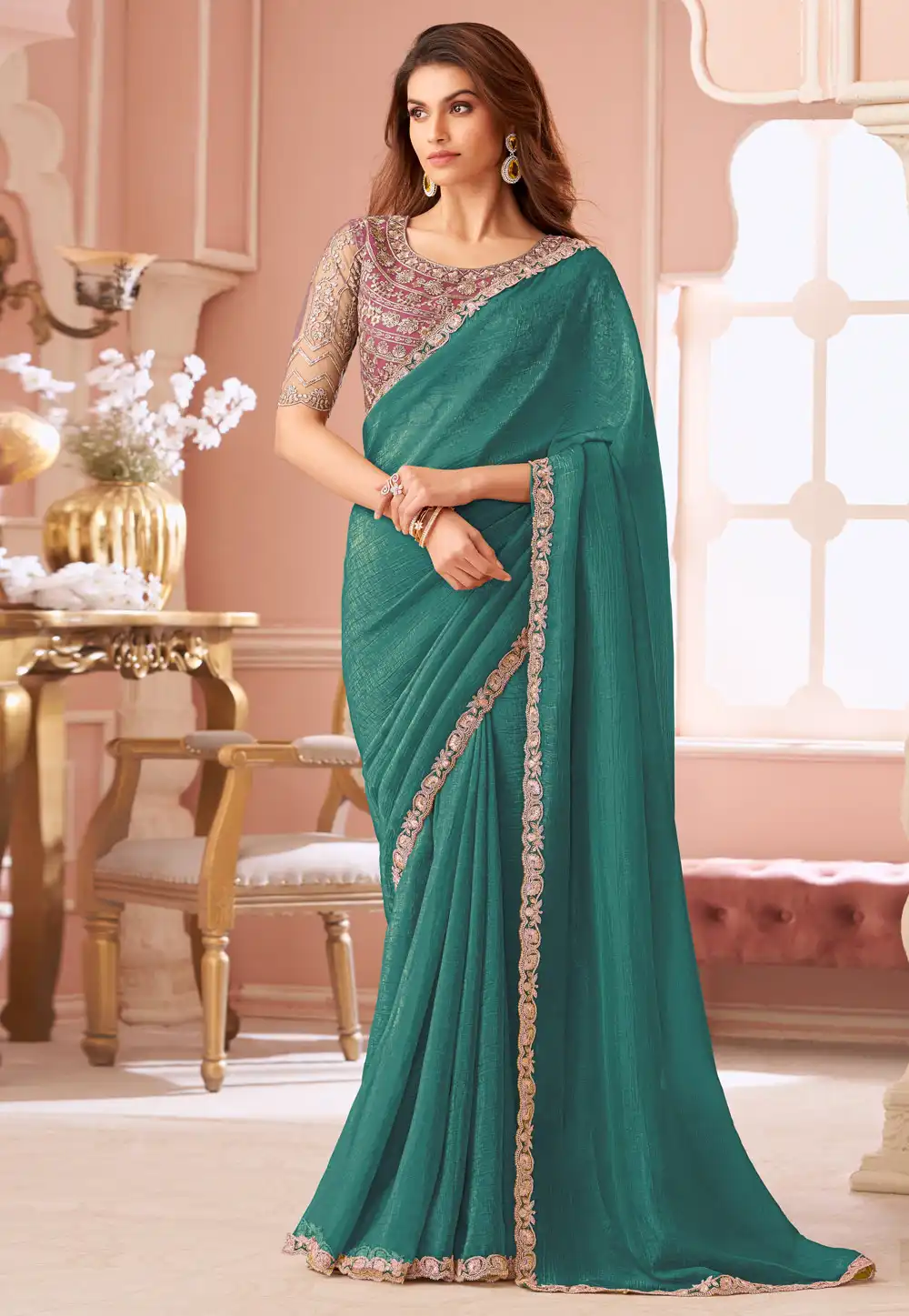 Teal Georgette Saree With Blouse 317030