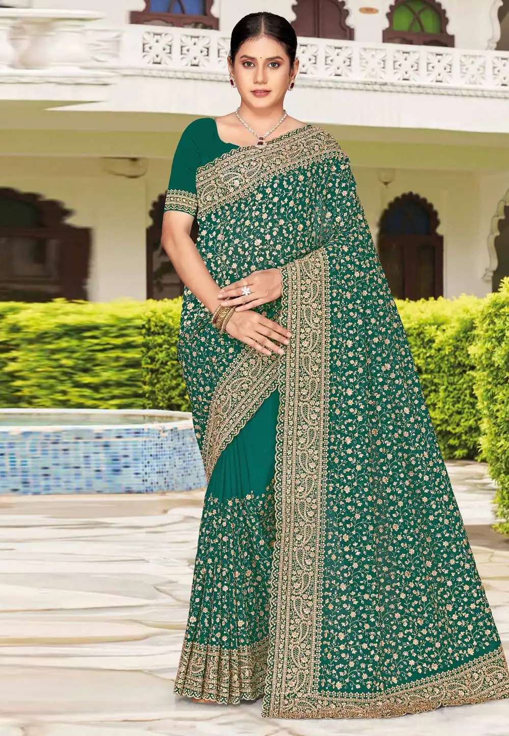 Teal Georgette Saree With Blouse 326385
