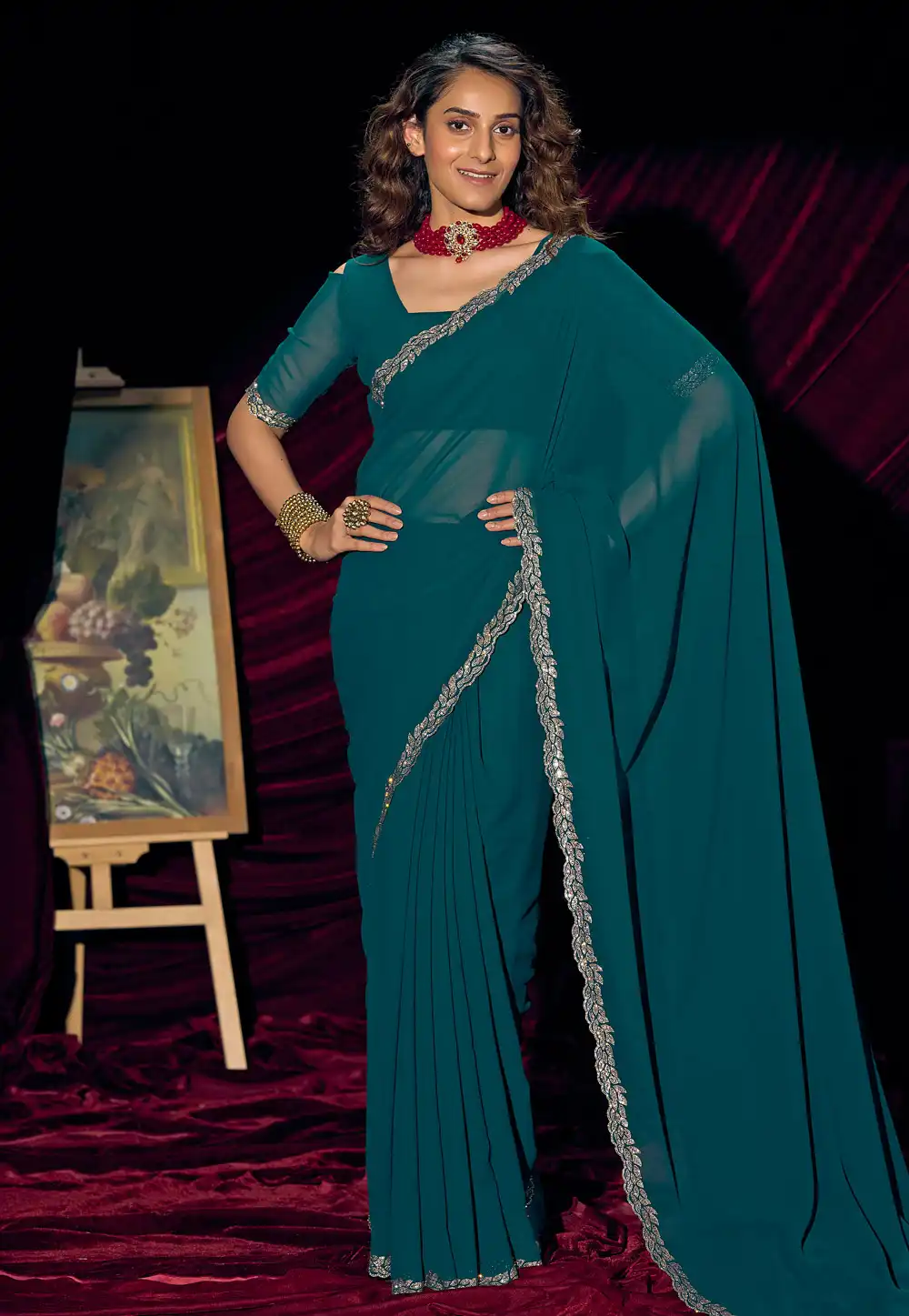 Teal Georgette Saree With Blouse 327571