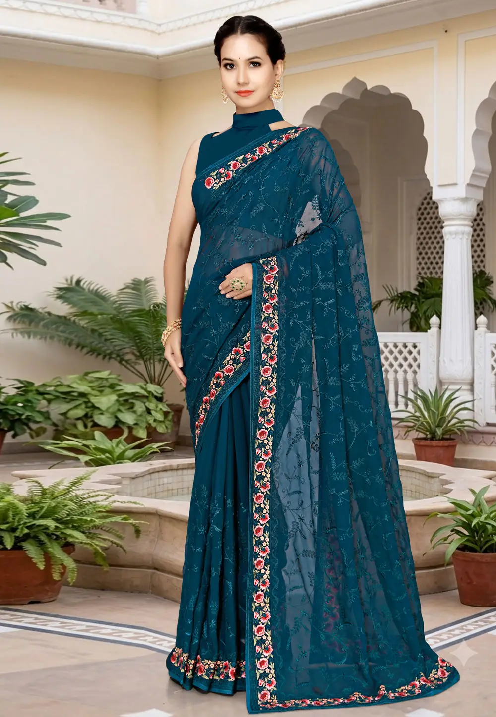 Teal Georgette Saree With Blouse 335995