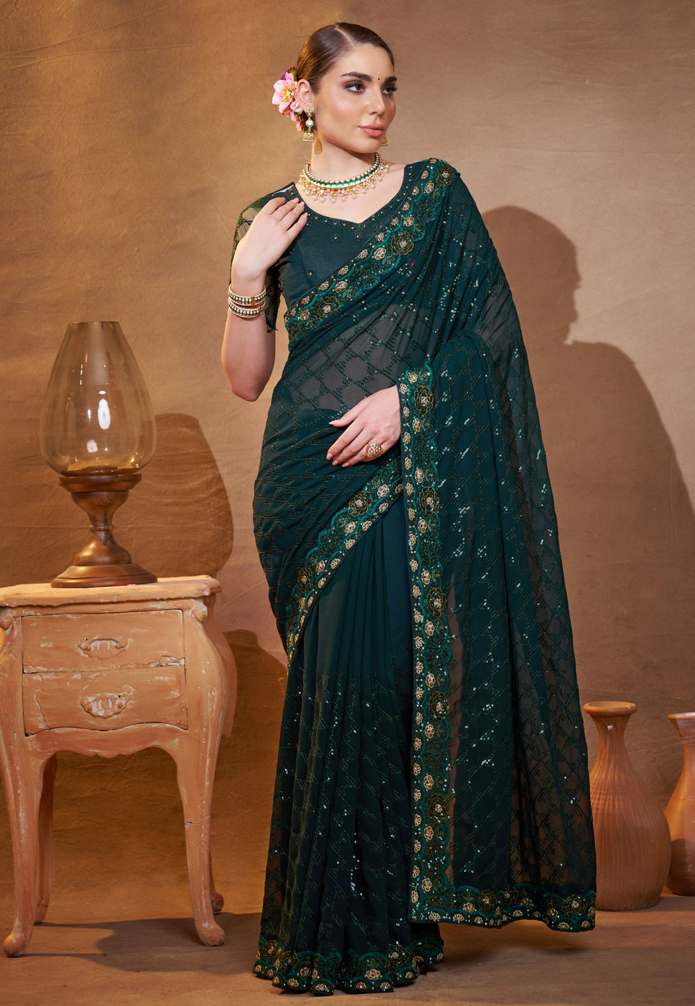 Teal Georgette Saree With Blouse 306982