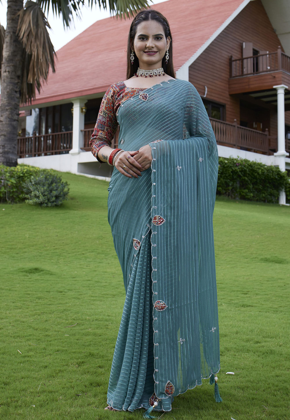 Teal Georgette Saree With Blouse 311466