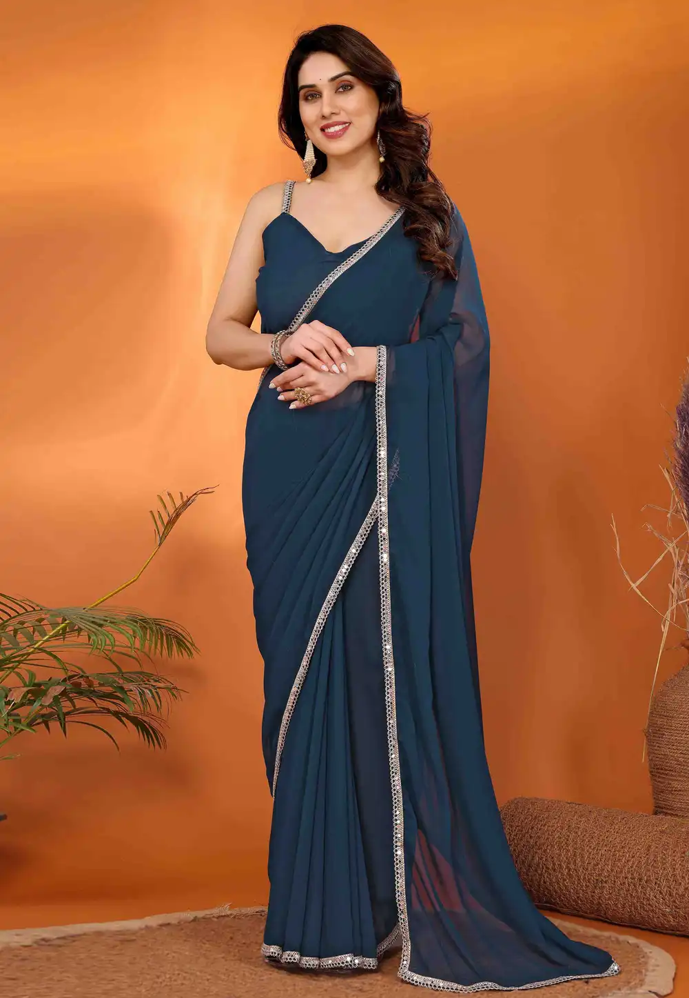 Teal Georgette Saree With Blouse 307217