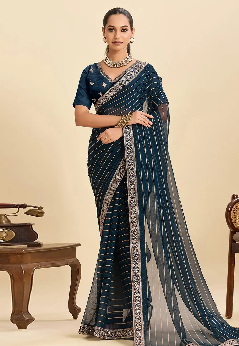 Teal Georgette Saree With Blouse 320710