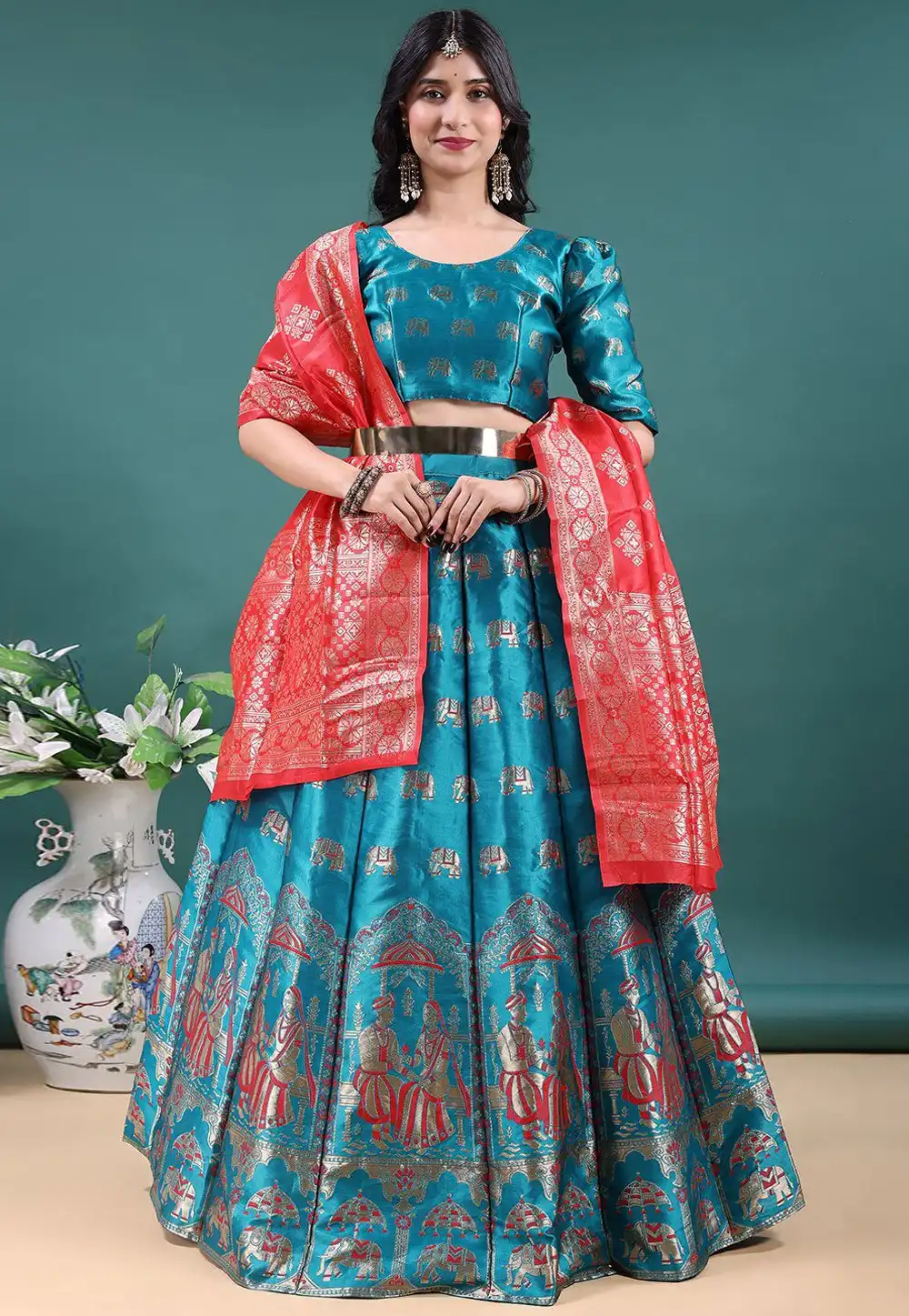 Teal Jacquard Circular Lehenga Choli 328667