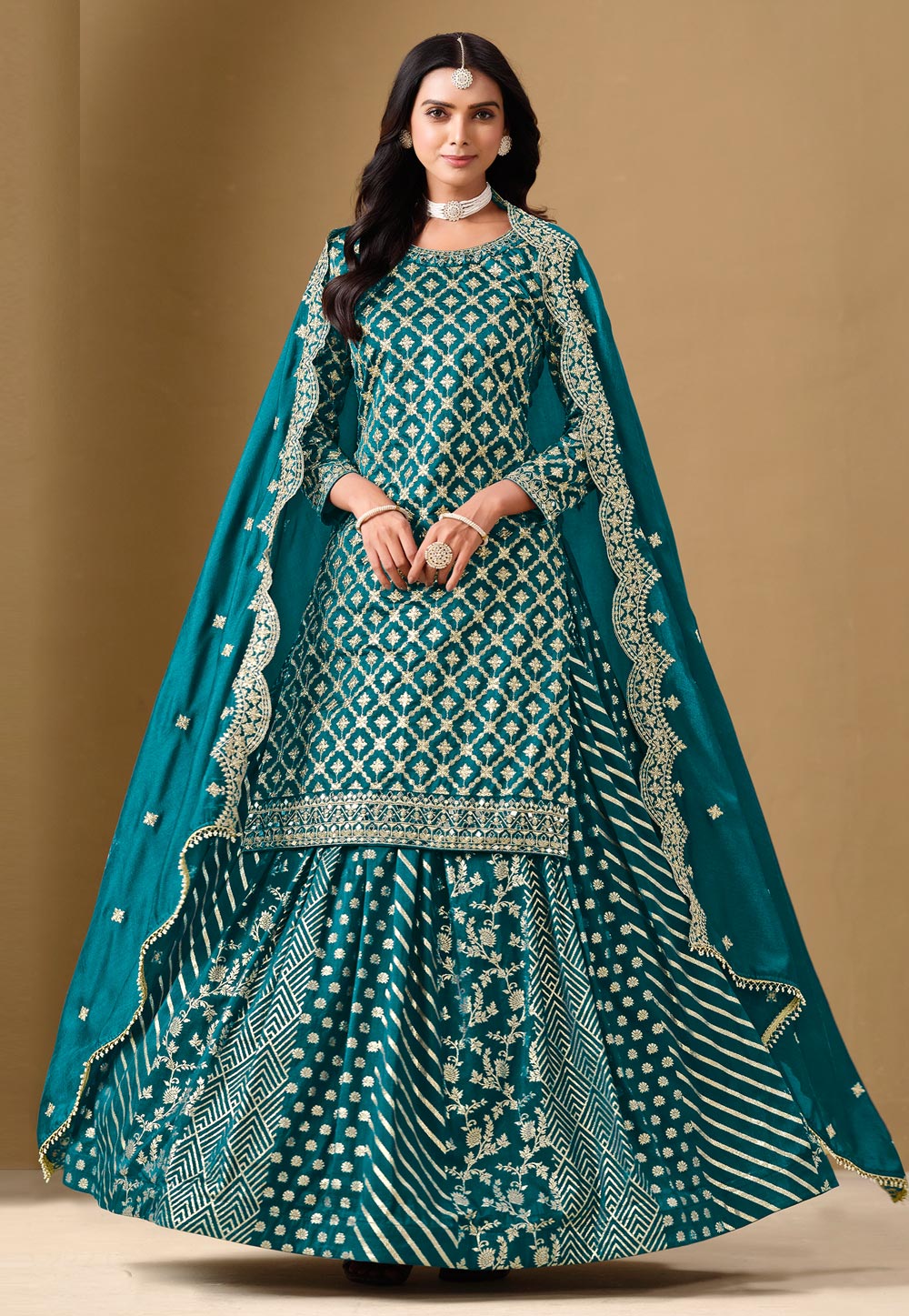 Teal Jacquard Indo Western Lehenga Choli 307322