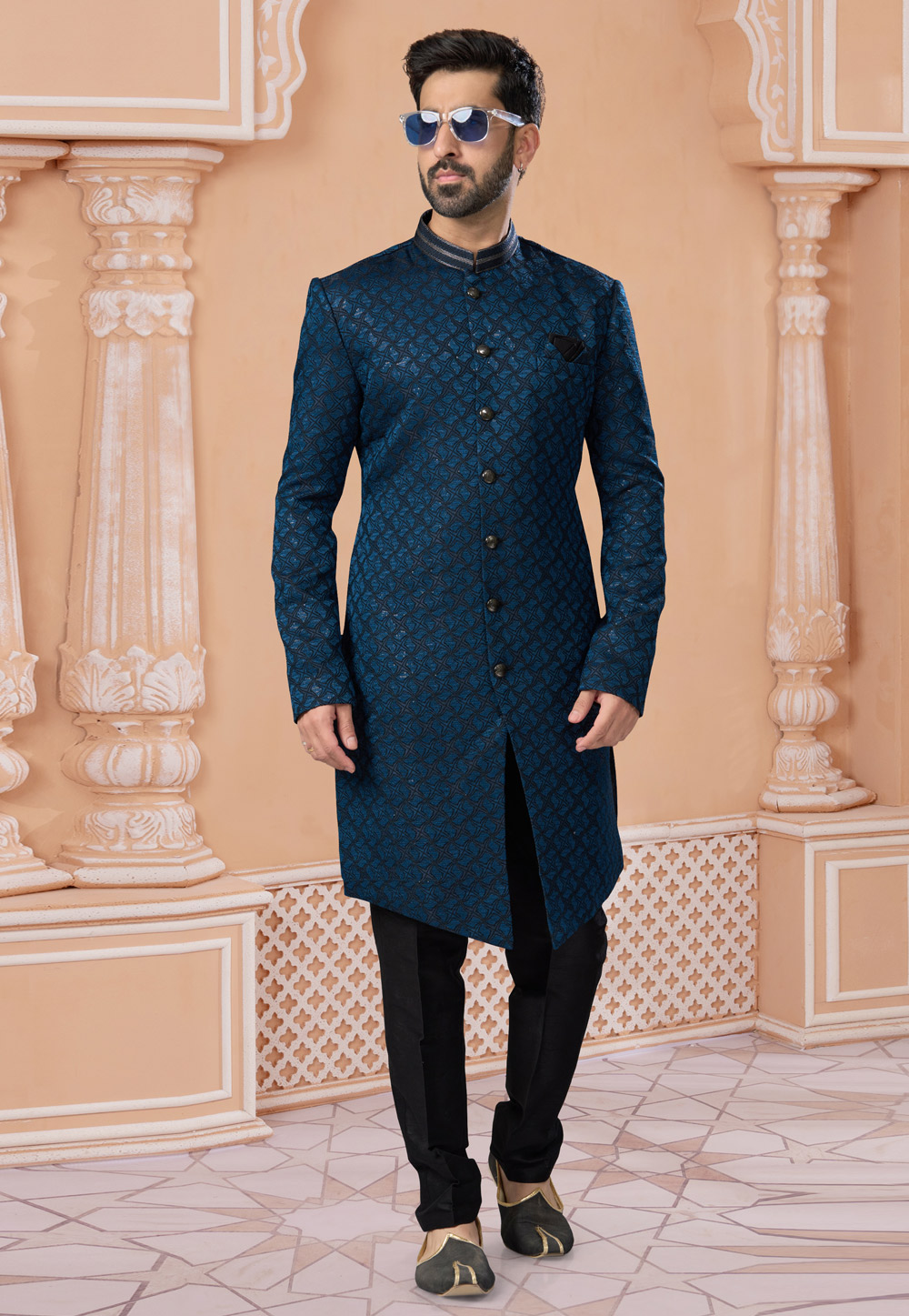 Teal Jacquard Indo Western Sherwani 282233