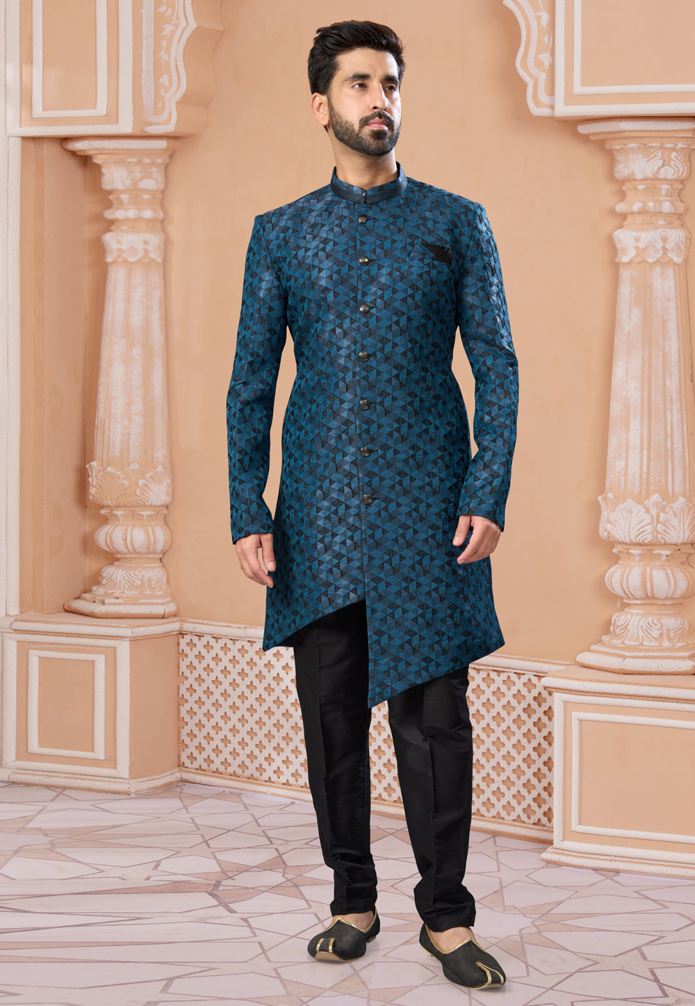 Teal Jacquard Indo Western Sherwani 282242