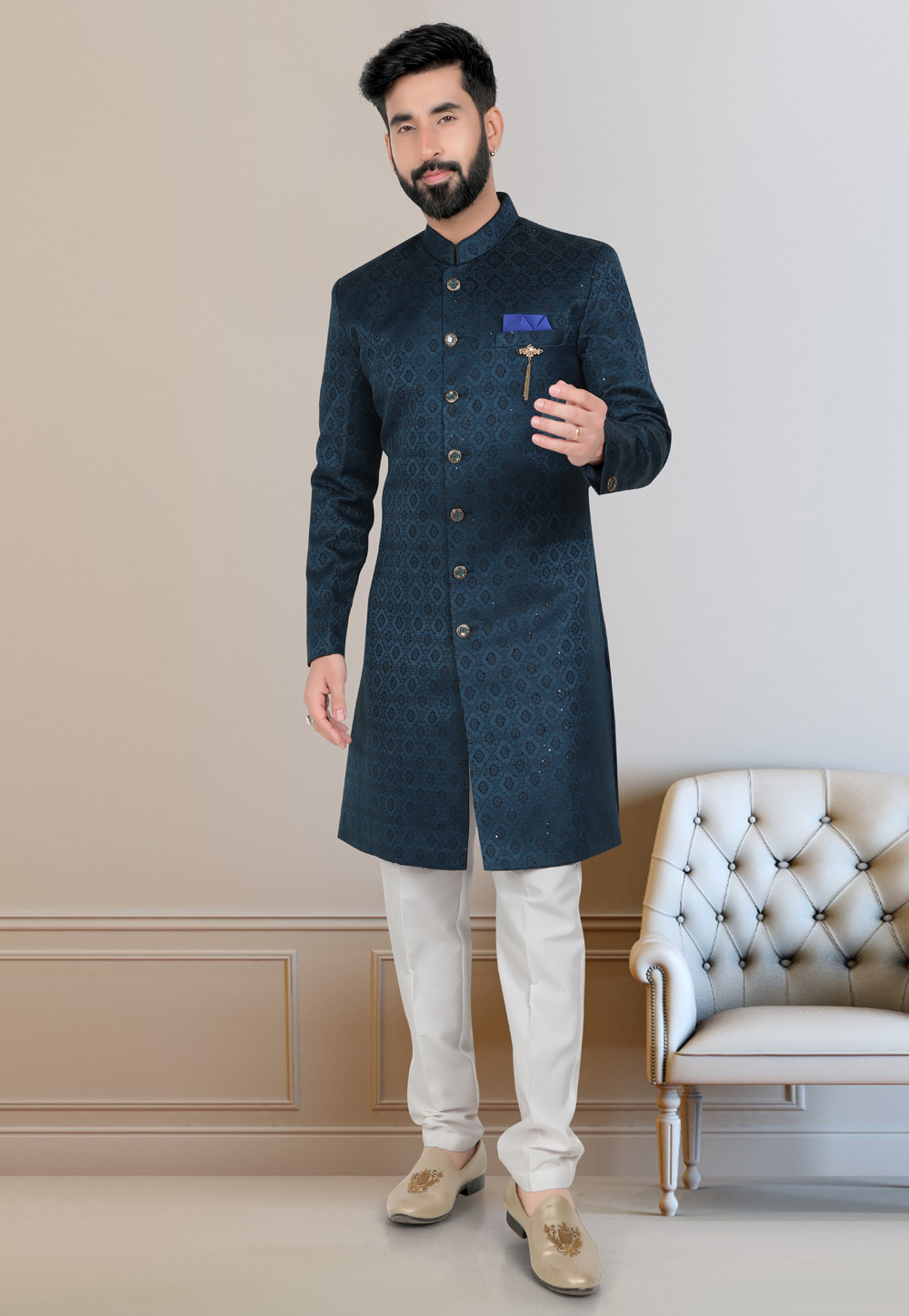 Teal Jacquard Indo Western Suit 312818
