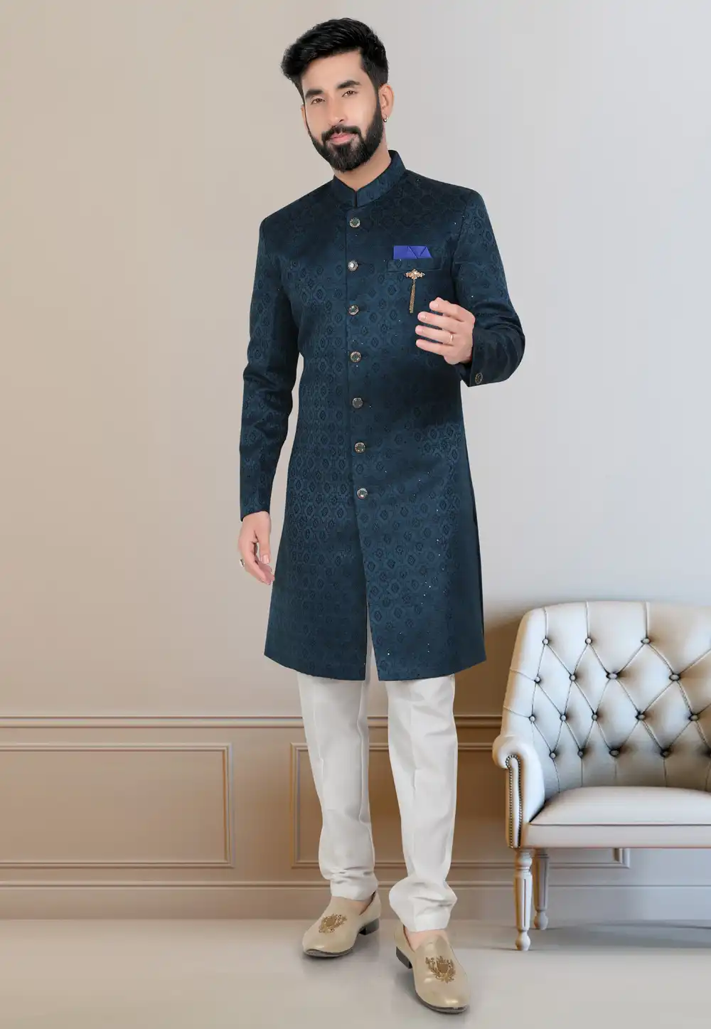 Teal Jacquard Indo Western Suit 312818