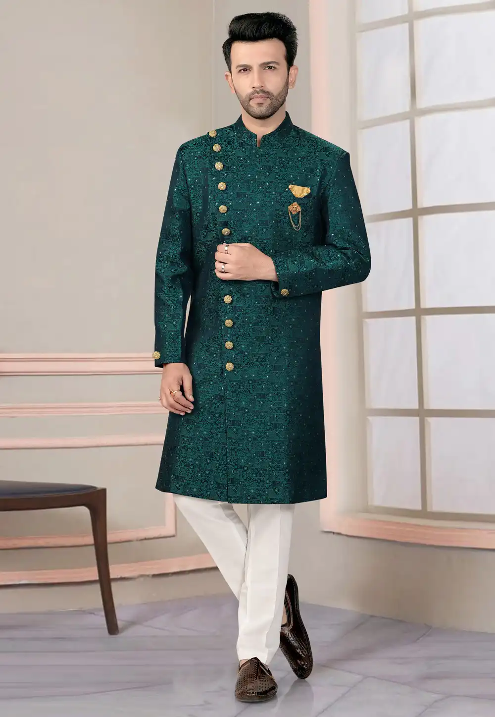 Teal Jacquard Indo Western Suit 316102