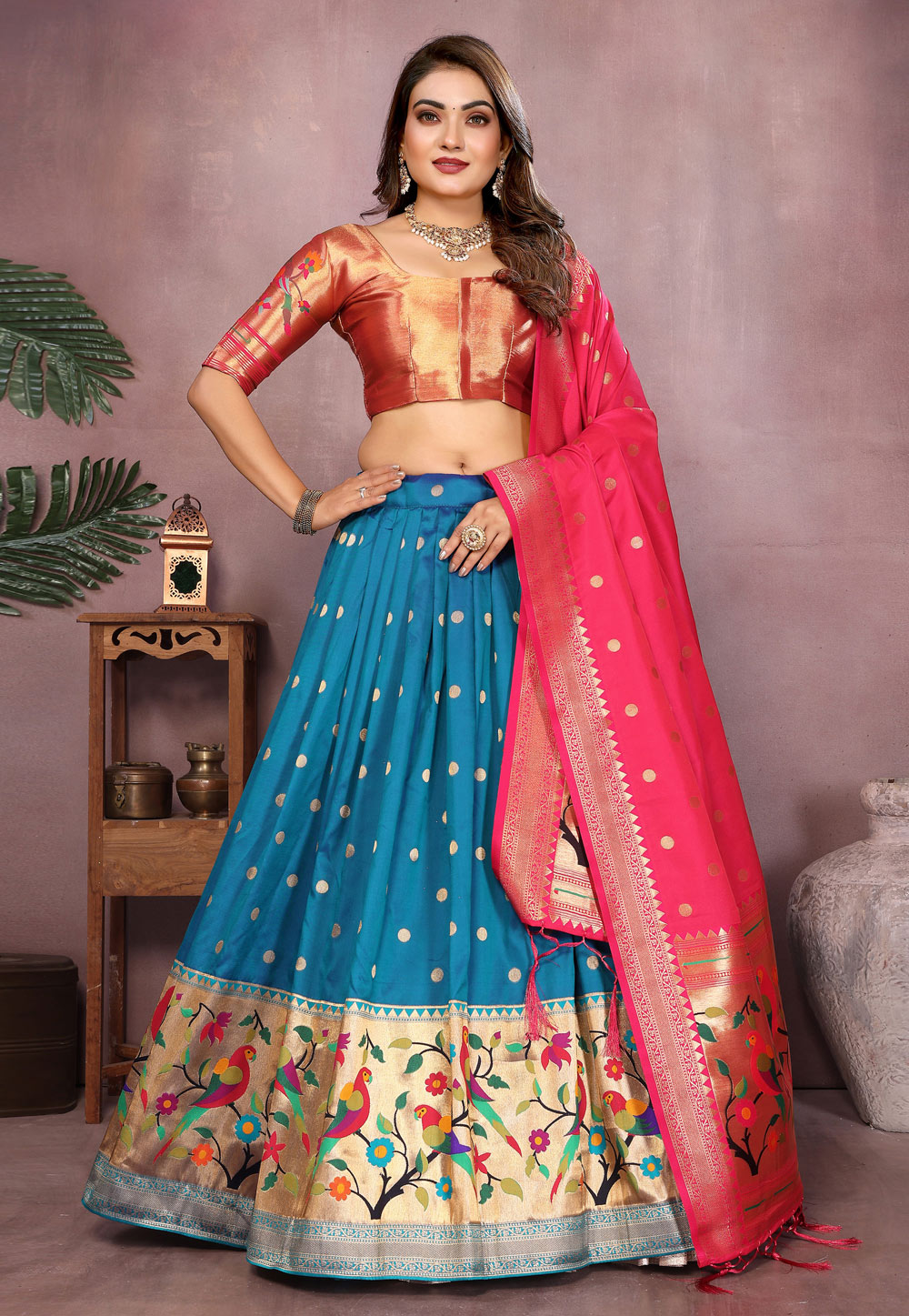 Teal Jacquard Silk Circular Lehenga Choli 320746