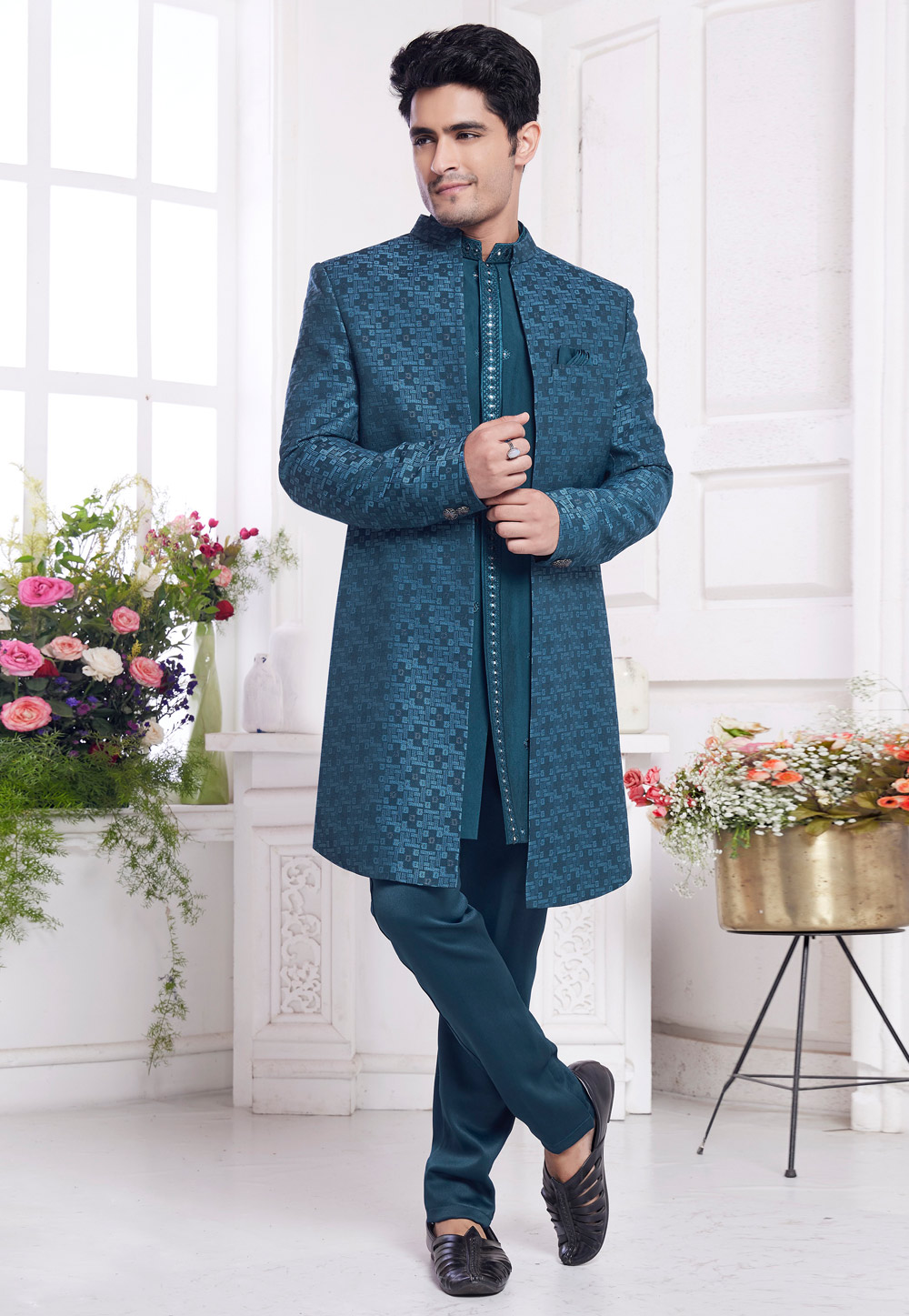 Teal Jacquard Silk Jacket Style Sherwani 308606