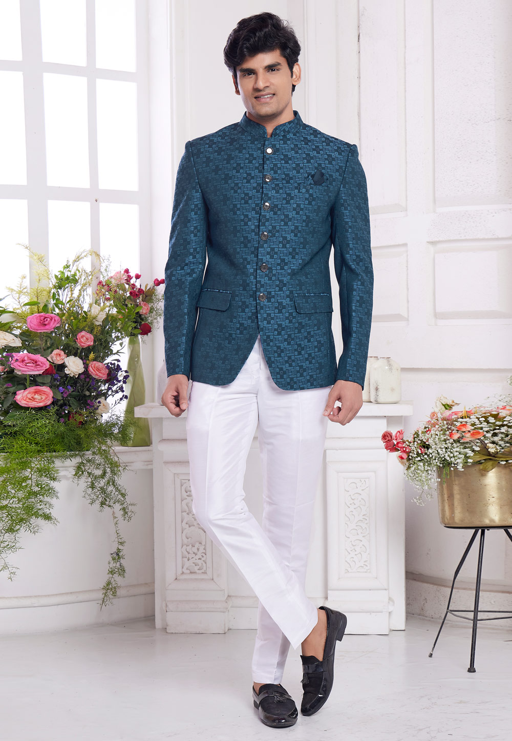 Teal Jacquard Silk Jodhpuri Suit 308618
