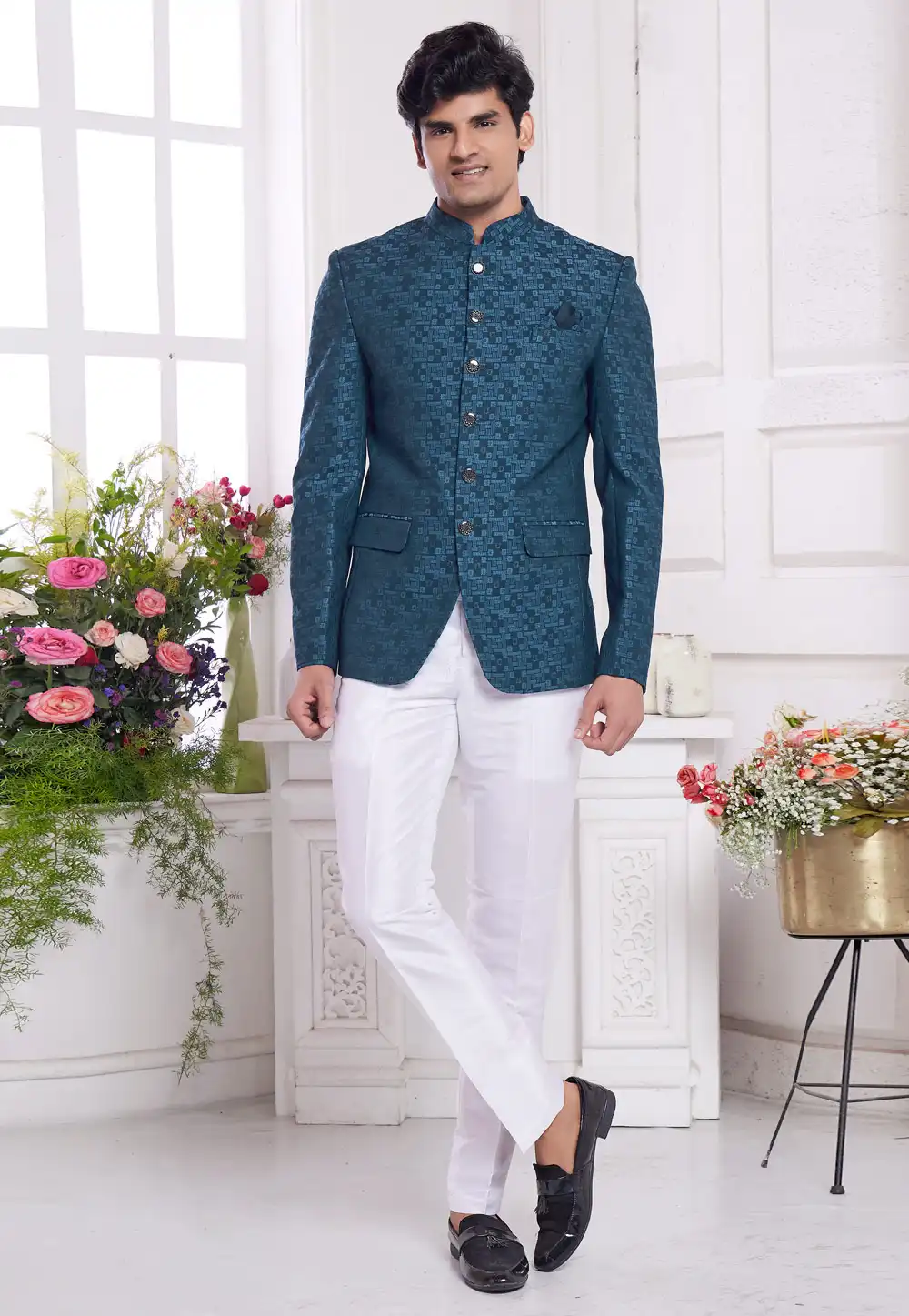 Teal Jacquard Silk Jodhpuri Suit 308618