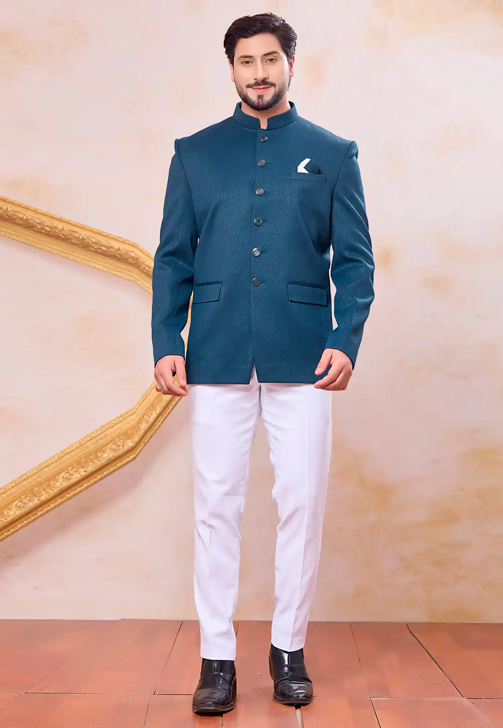 Teal Jacquard Silk Jodhpuri Suit 327087
