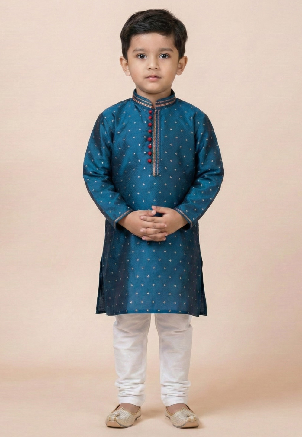 Teal Jacquard Silk Kids Kurta Pajama 322841