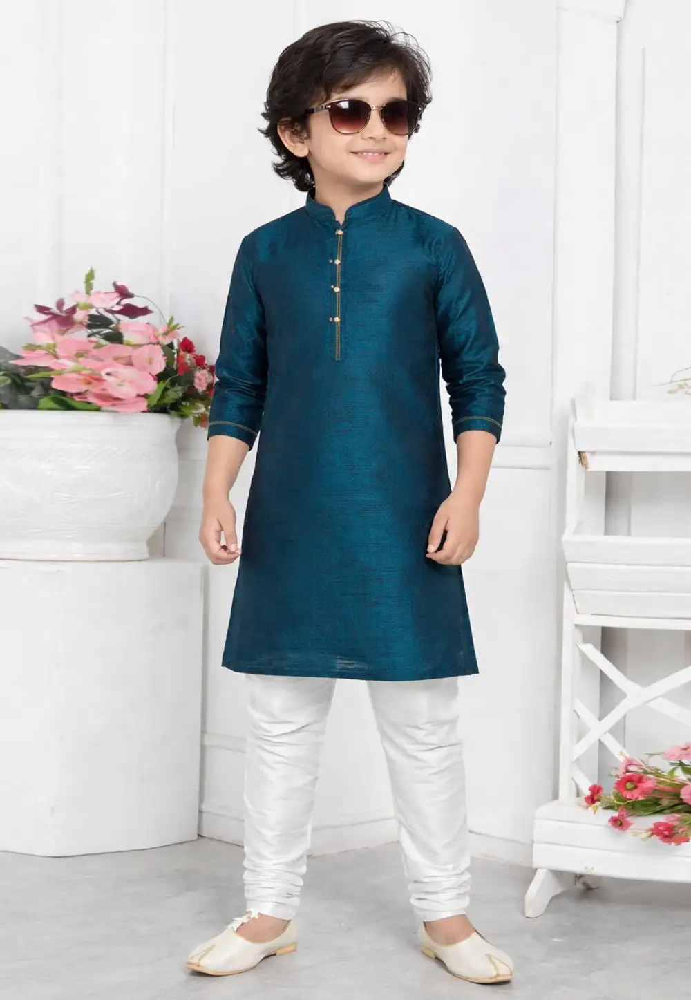 Teal Jacquard Silk Kids Kurta Pajama 330780