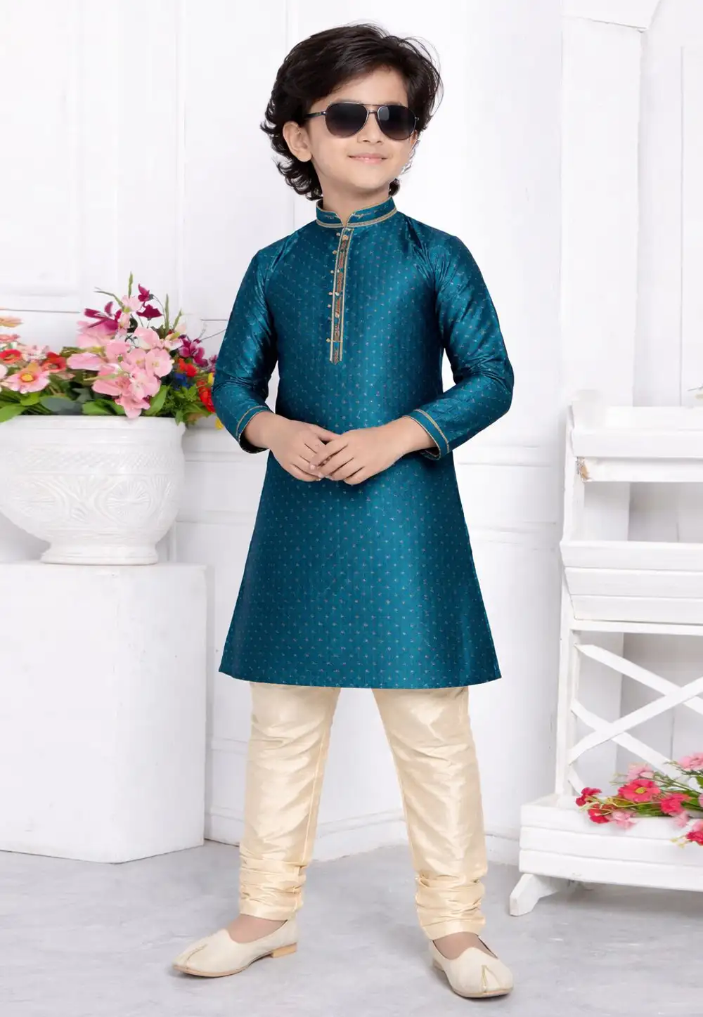 Teal Jacquard Silk Kids Kurta Pajama 330782
