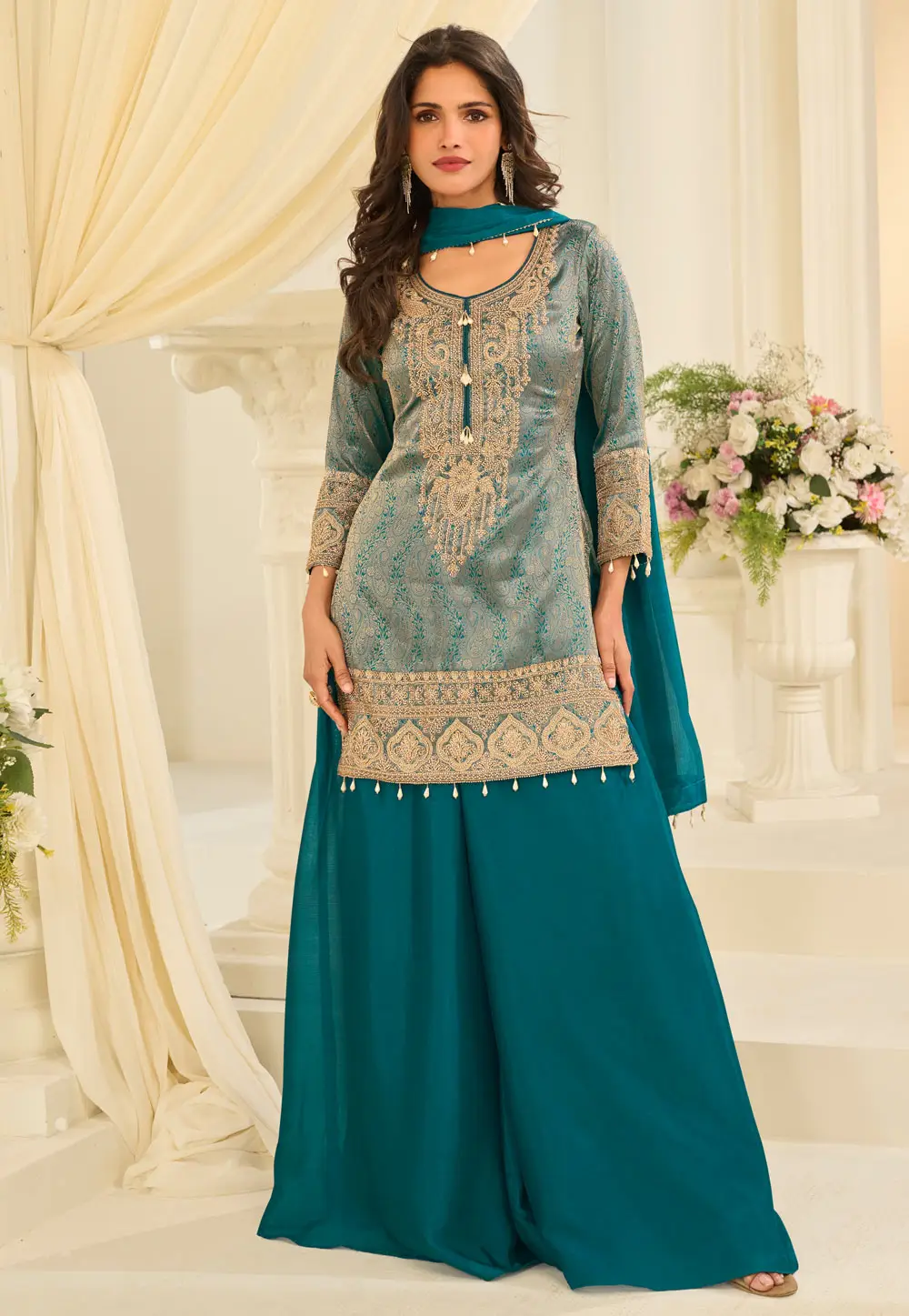 Teal Jacquard Silk Palazzo Suit 333185